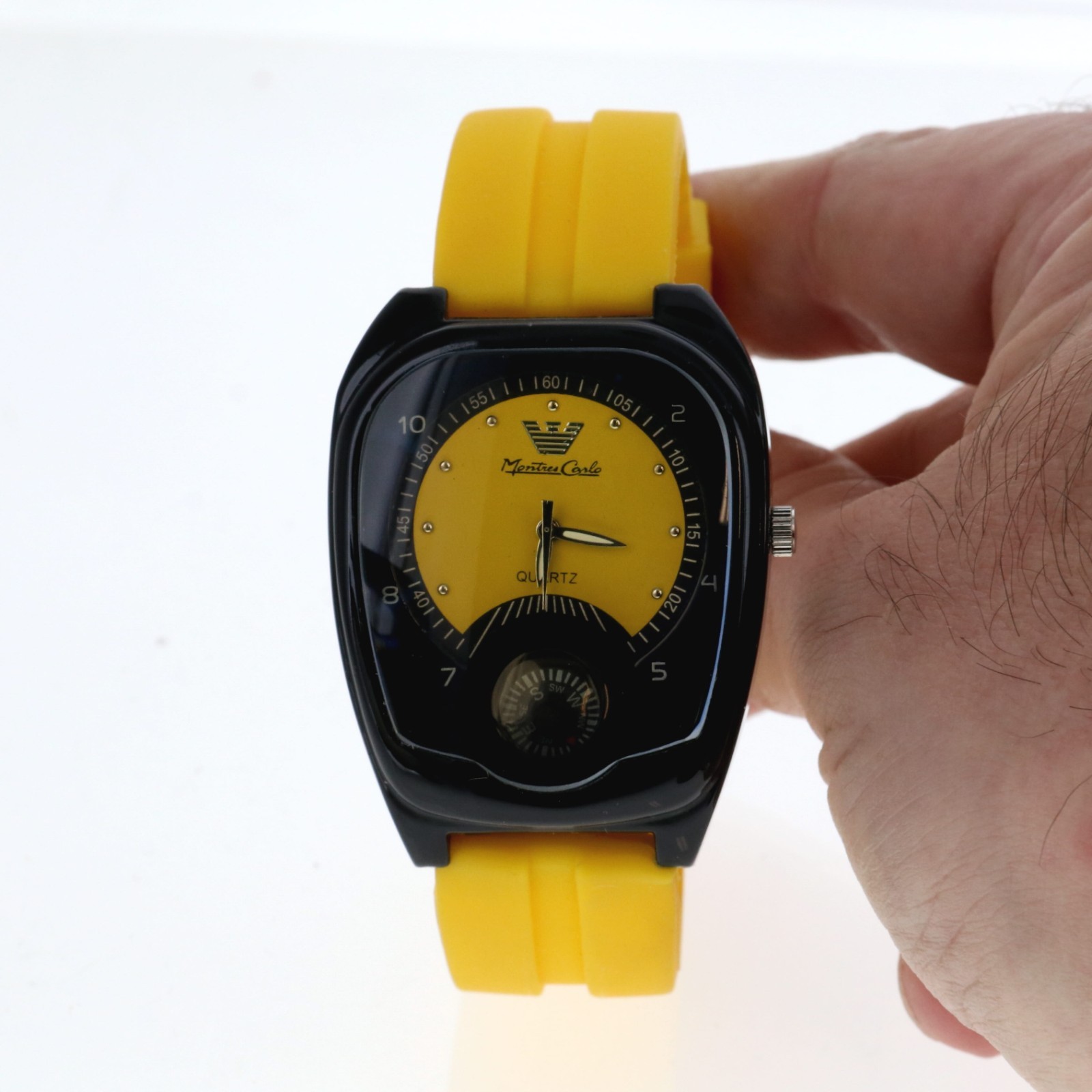 Montres Carlo Men’s Black & Yellow Silicone Band Luxury Sport Quartz Watch 39mmW