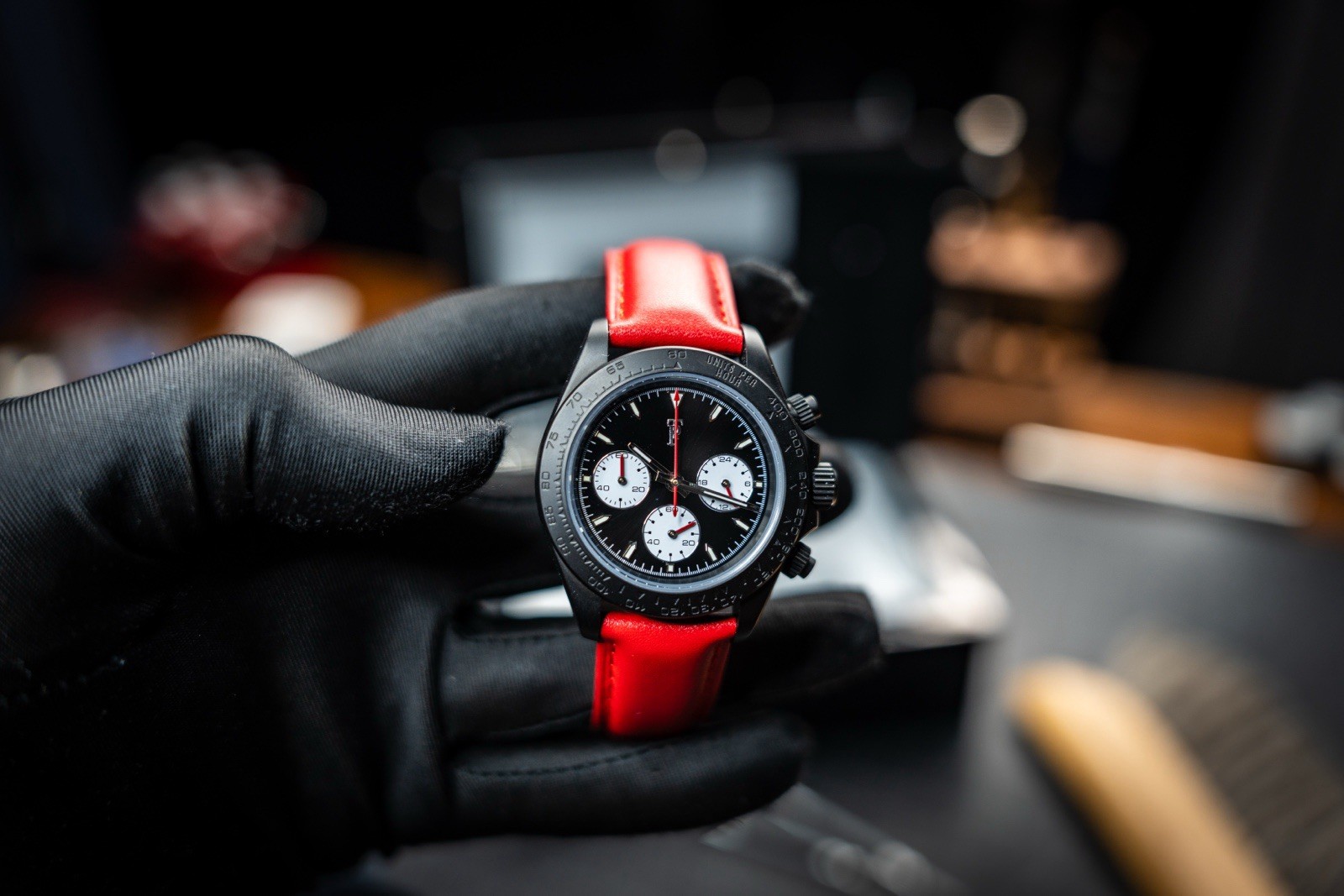 Time Panda Precision Stealth VK63 Chronograph Black PVD Red Leather Full Kit