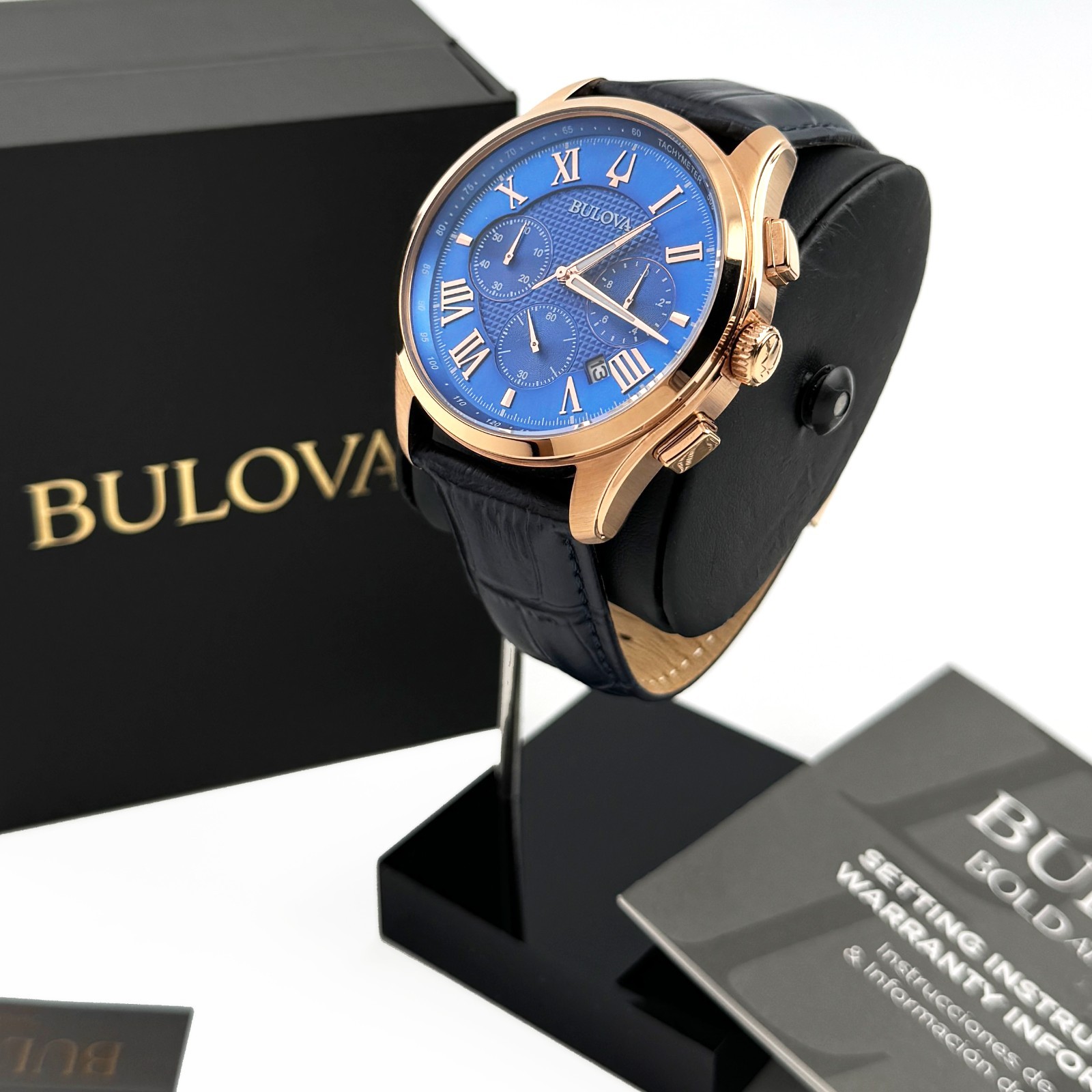 Bulova Wilton 97B170 Chronograph Quartz Blue Dial Leather Strap Men’s Watch