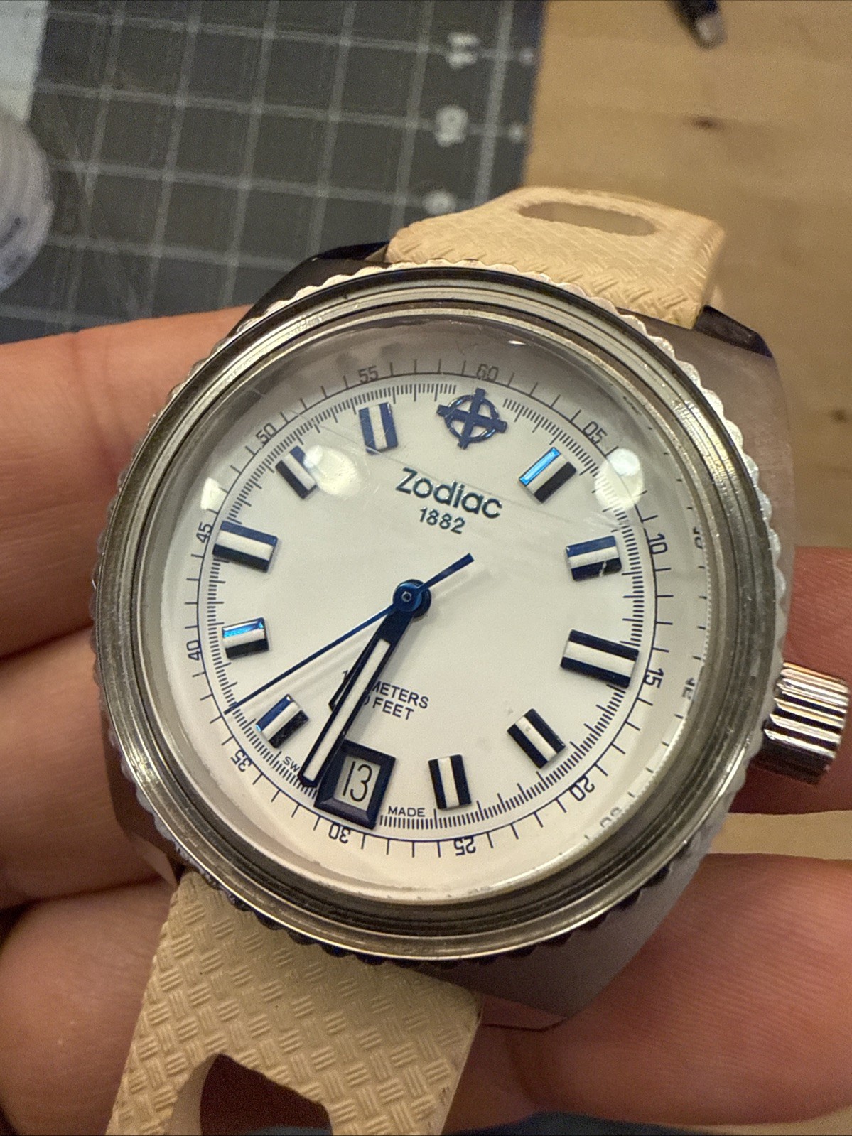 zodiac Sea Dragon zo2244 Swiss dive watch 100m 38mm square blue white tan