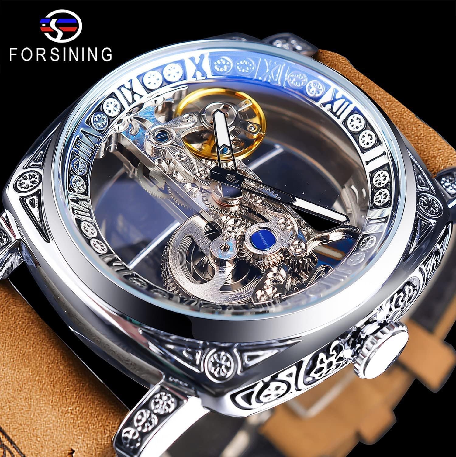 Men’s Luxury Square Carving Mechanical Watch, Retro Totem Double Sided Hollow…