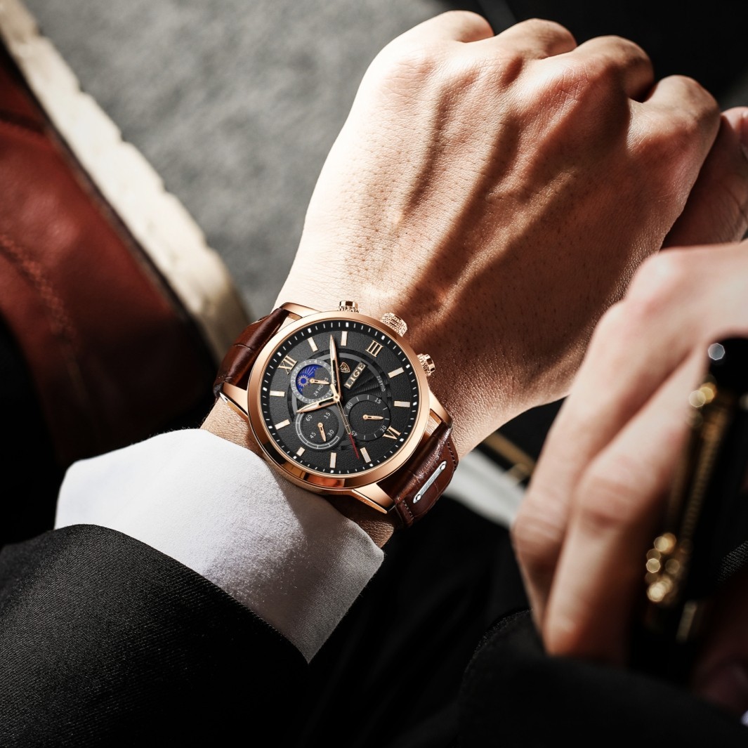 Men’s Watch Quartz Luminous Stainless Steel Case Leather Band Daily Wristwatches