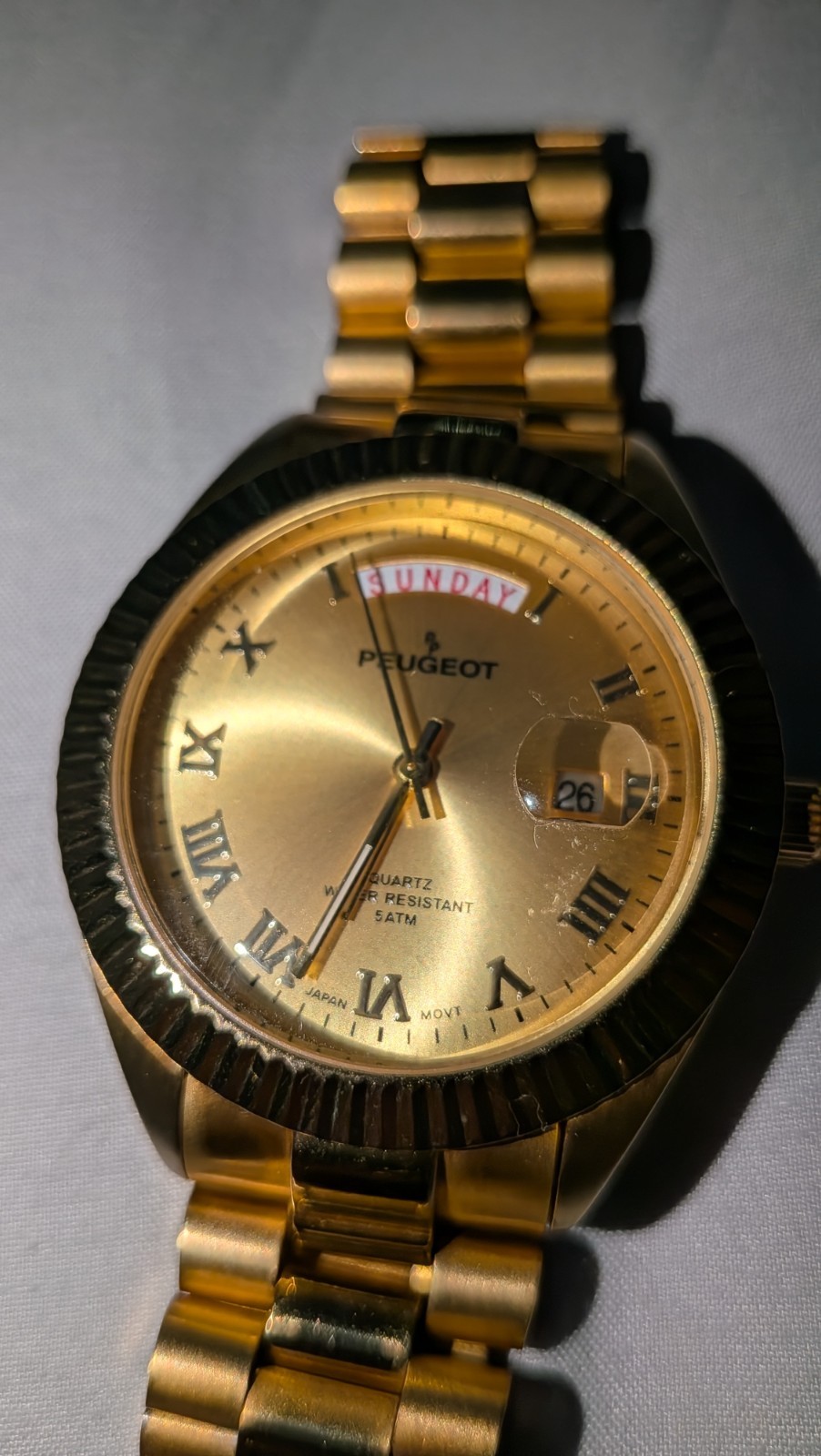 Peugeot 14K All Gold Plated Day Date Roman Numerals Man’s Watch 1029WT