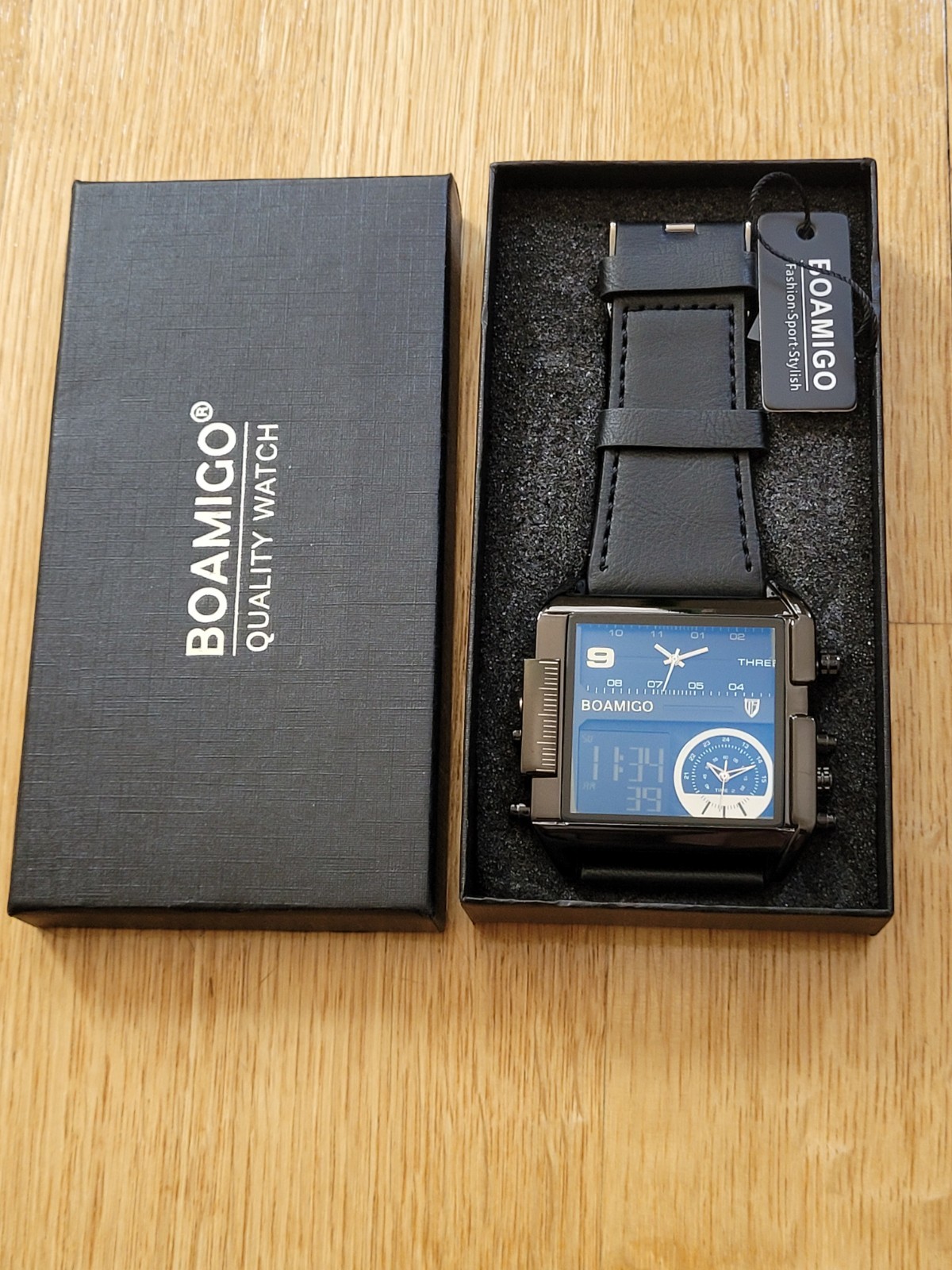 BOAMIGO Big Square Dial 3 TimeZone Stylish Watch For Men