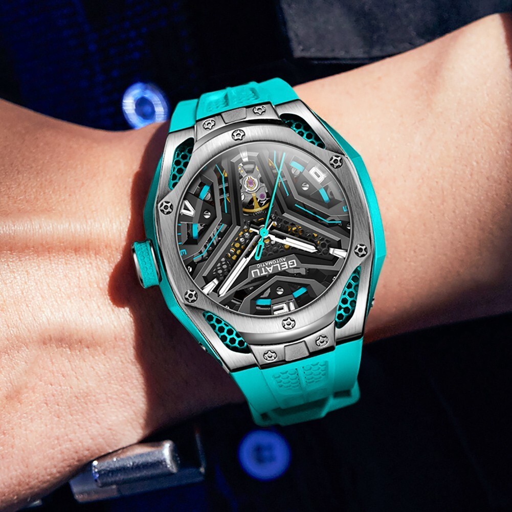 GELATU Men’s Skeleton Sport Automatic Mechanical Watch 5ATM Luminous Wristwatch