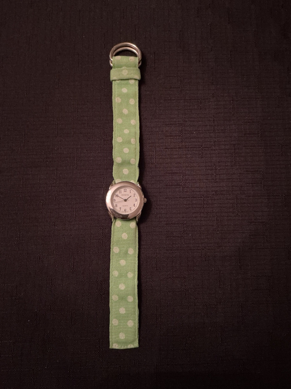Geneva Silver Tone Vintage Watch Green And White Polka Dot Strap New Battery