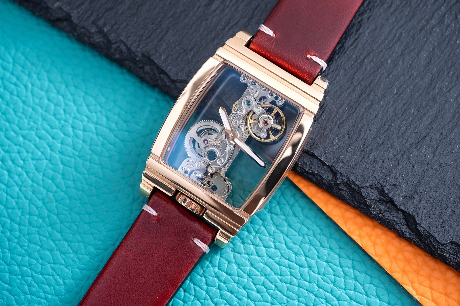 Mens Rose Gold Manual Mechanical Watch Dark Red Oil Waxed Vintage Leather Strap