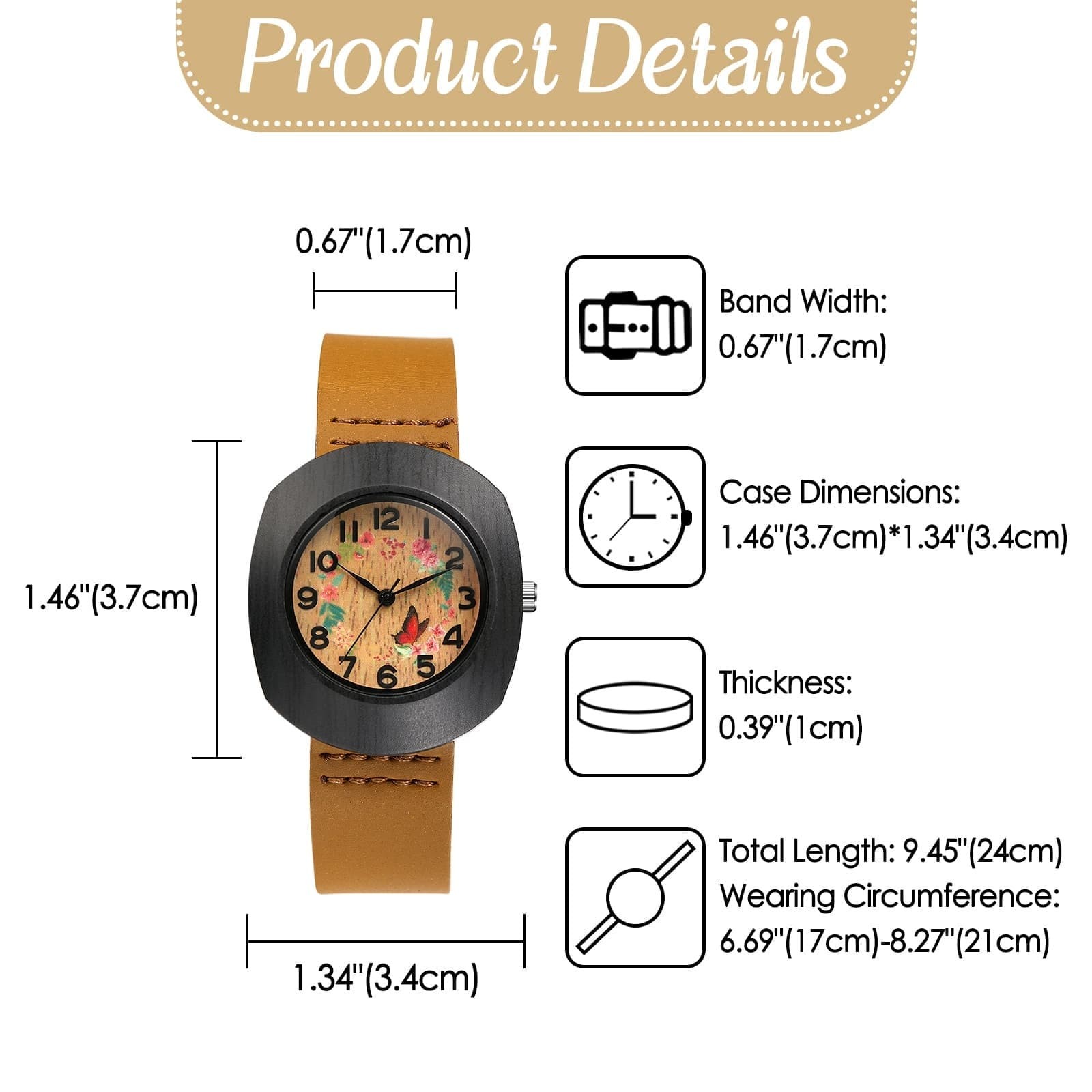 Women’s Floral Barrel Case Arabic Numeral Dial Genuine Leather Band Wrist Watch