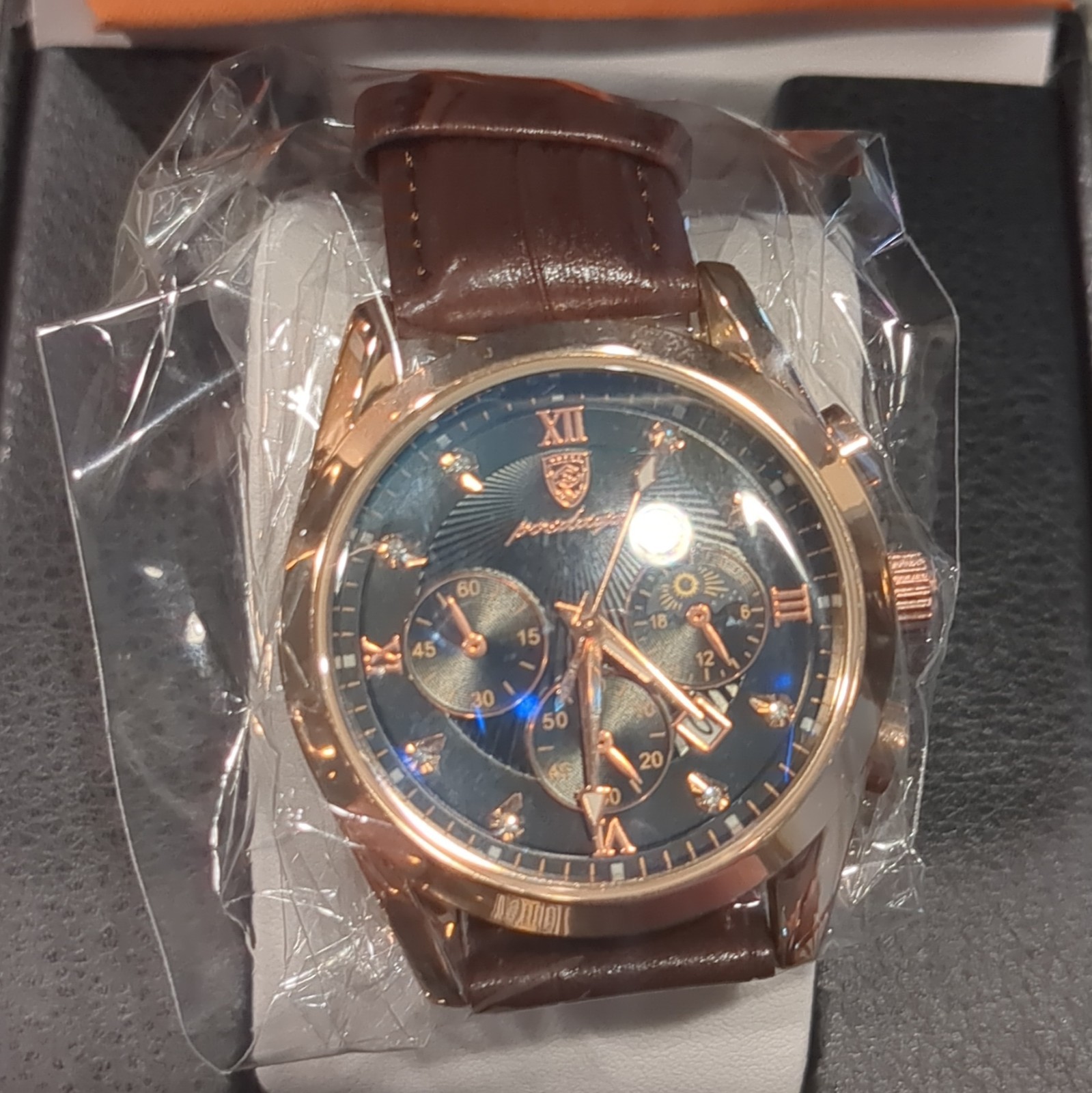 Poedagar Men’s Business Quartz Blue Dial Rose Gold Brown Synthetic Leather Date
