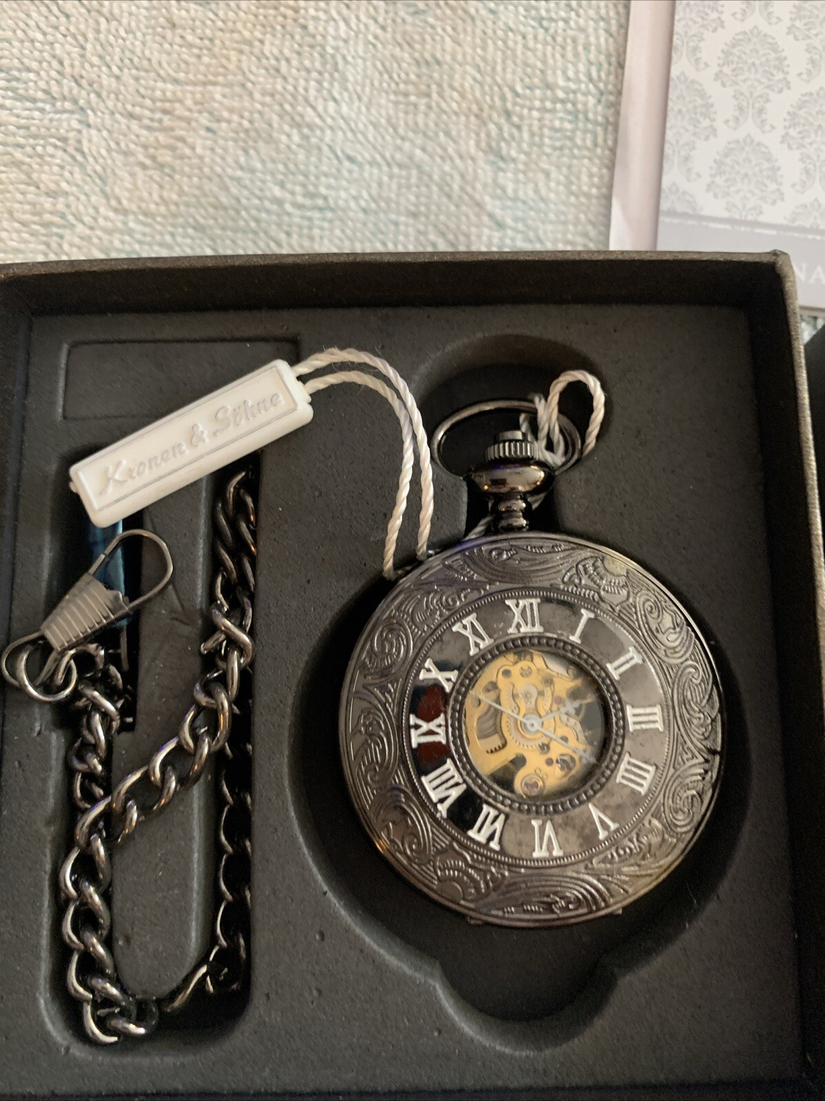 Kronen & Sohne Black Mechanical Pocket Watch In Original Box W Fob Chain