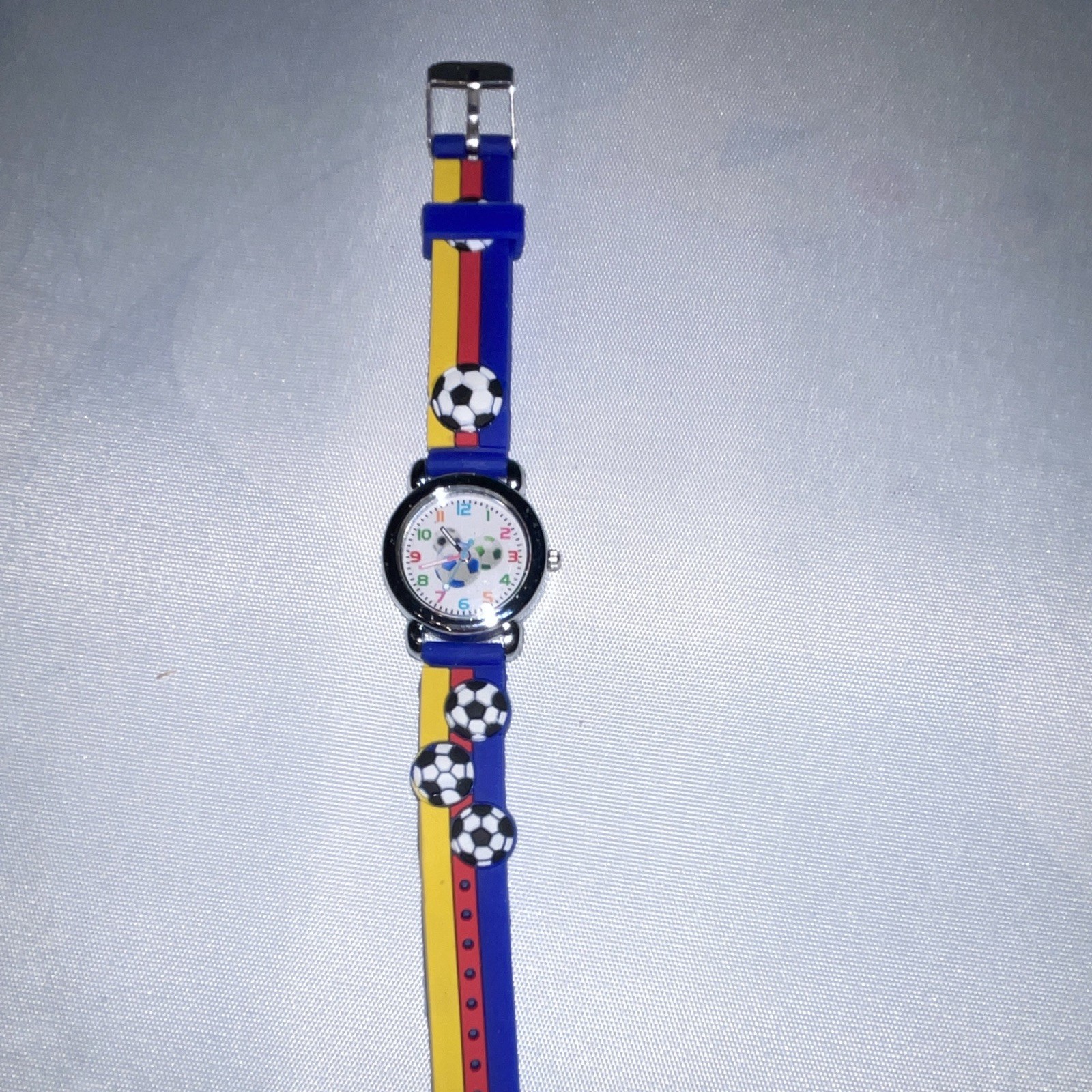 Soccer Kids Watch 26mm Silver Case Blue Silicone Band- New Battery