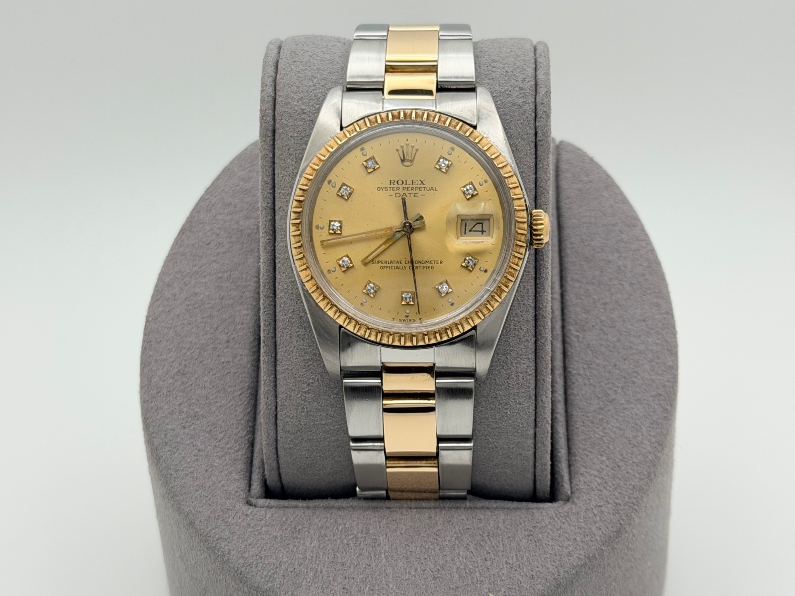 Rolex Date 1505 34mm Champagne Diamond Dial 18k Yellow Gold Stainless Steel