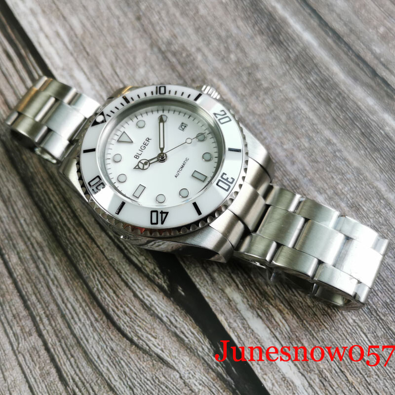BLIGER White Dial Big Automatic Men Watch Brushed Strap Screw Crown Luminous