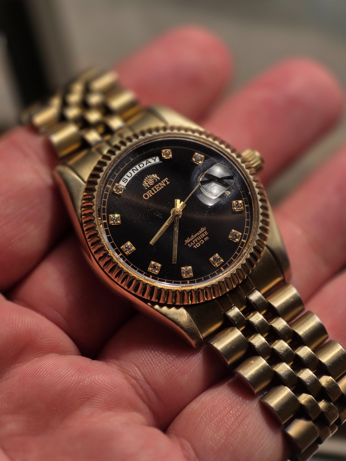 Rare Orient President Day Date Automatic, Black dial, diamond indices goldplated