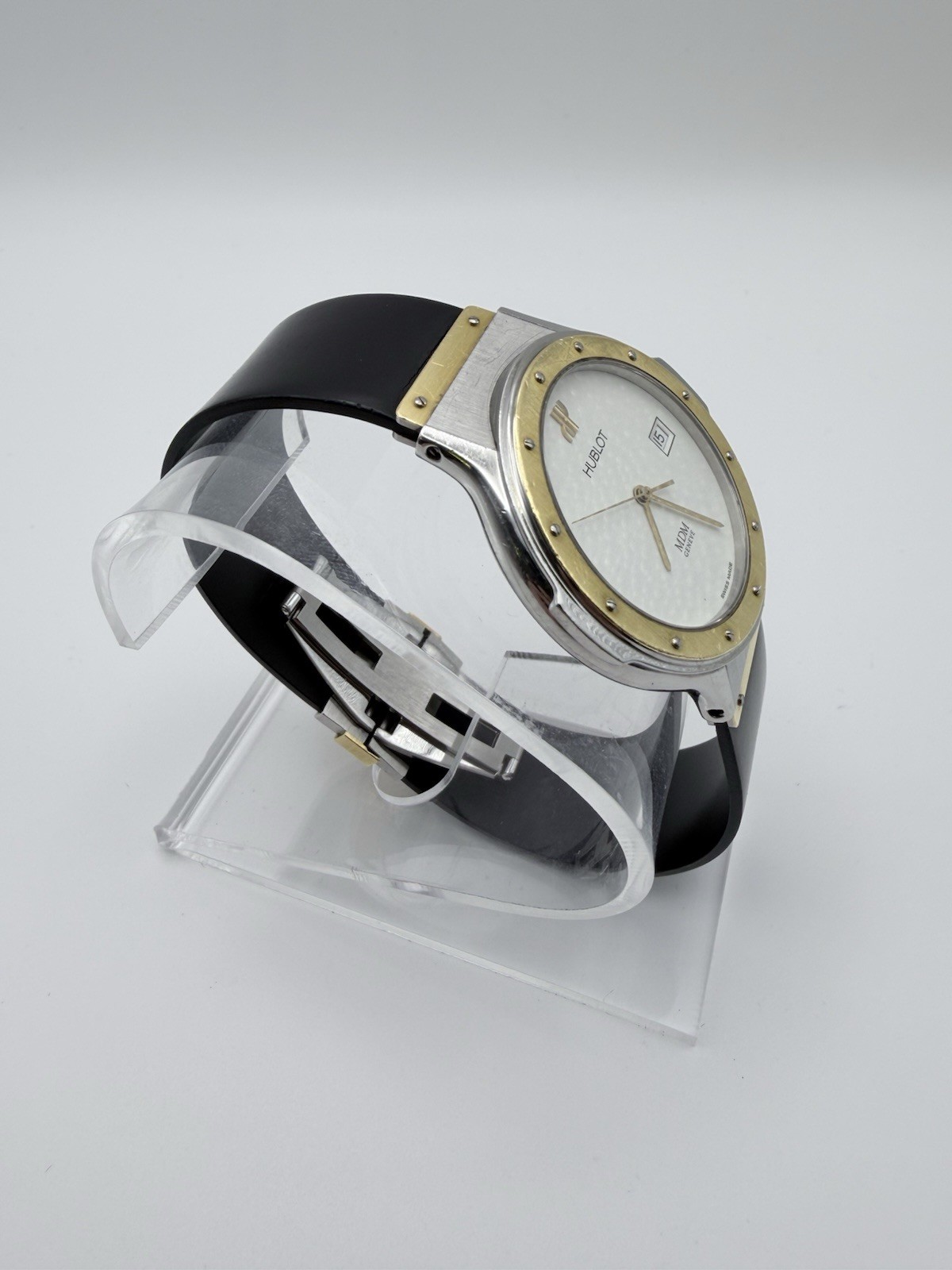 Hublot MDM QUARTZ RARE WHITE HONEYCOMB DIAL 18kGold/SS/Rb Original Box Papers