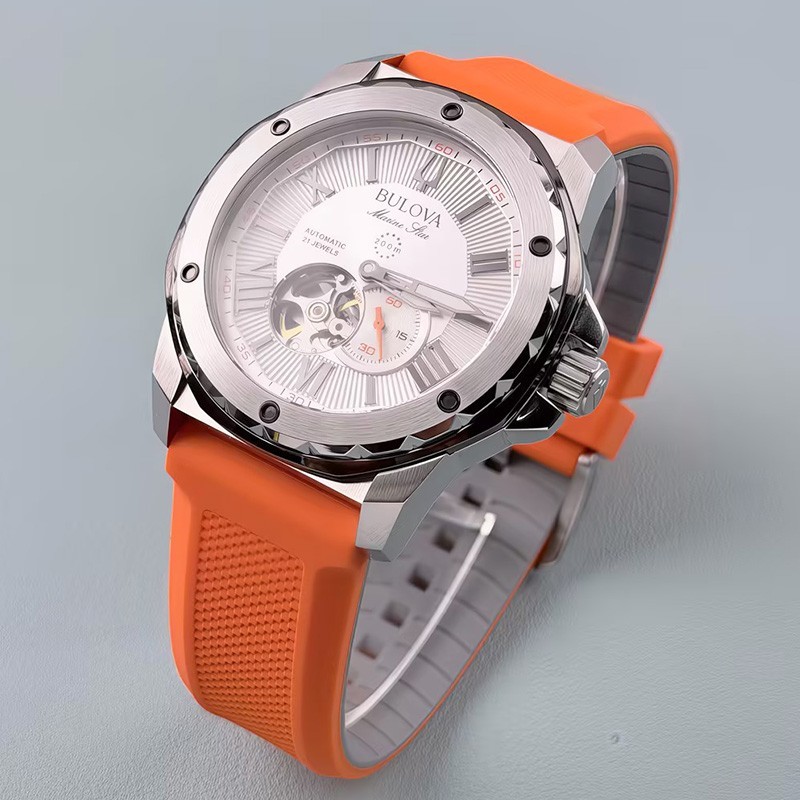 Bulova Marine Star 98A226 Automatic Men’s Watch White Dial Orange Silicone Strap