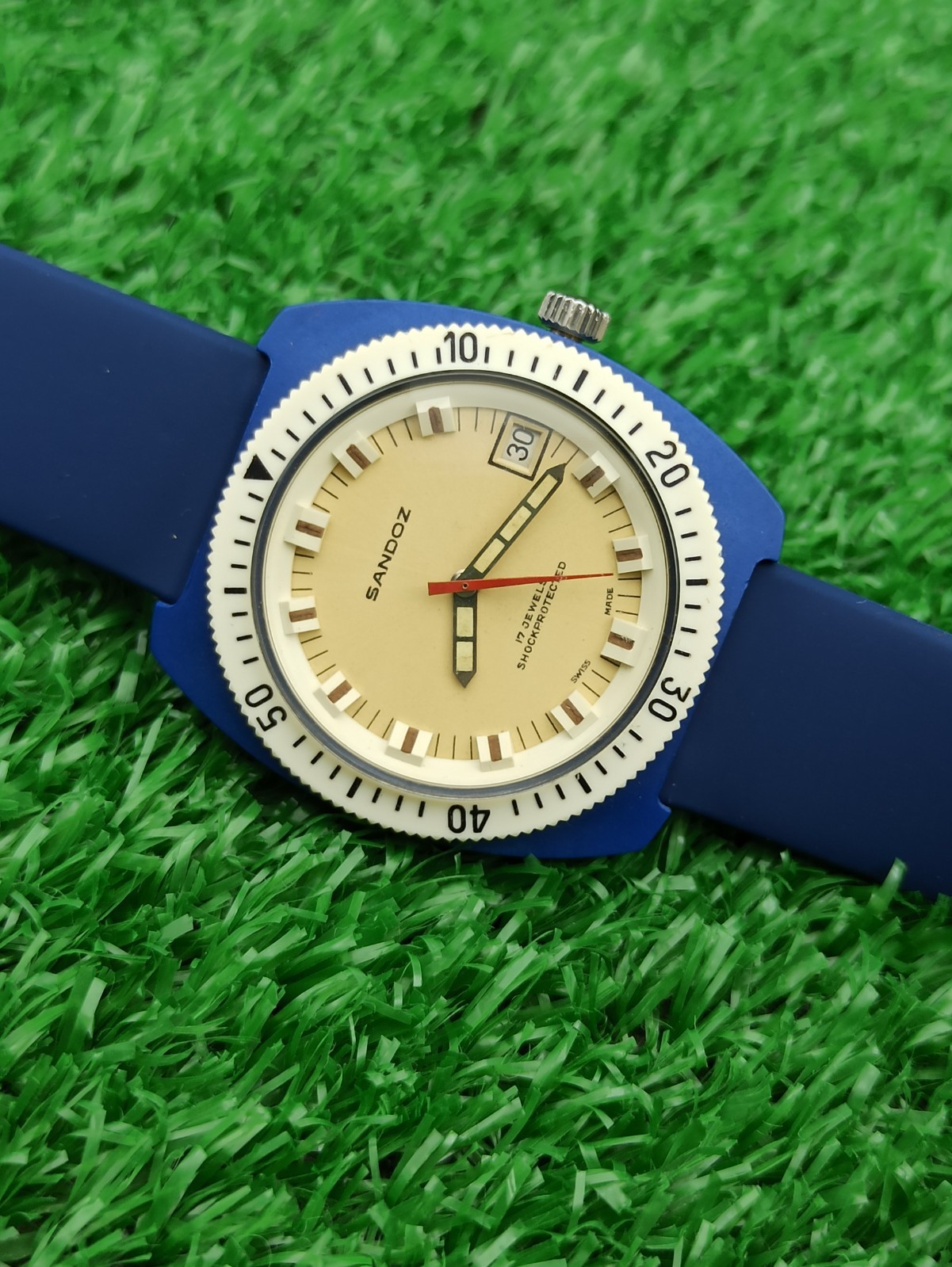 HYPER-RARE SANDOZ INCABLOC JUMBO DIVER BLUE WATCH MECHANICAL SWISS 1970s