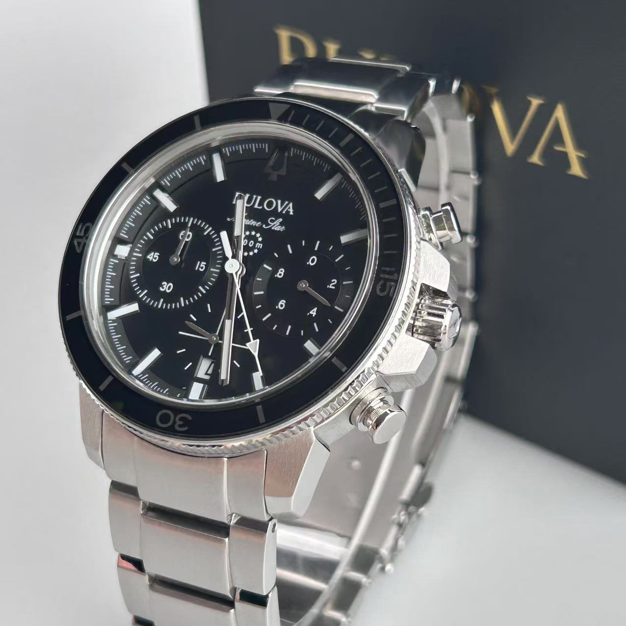 New Bulova Marine Star Black Dial Stainless Steel Men’s Quartz Watch 96B272 45mm