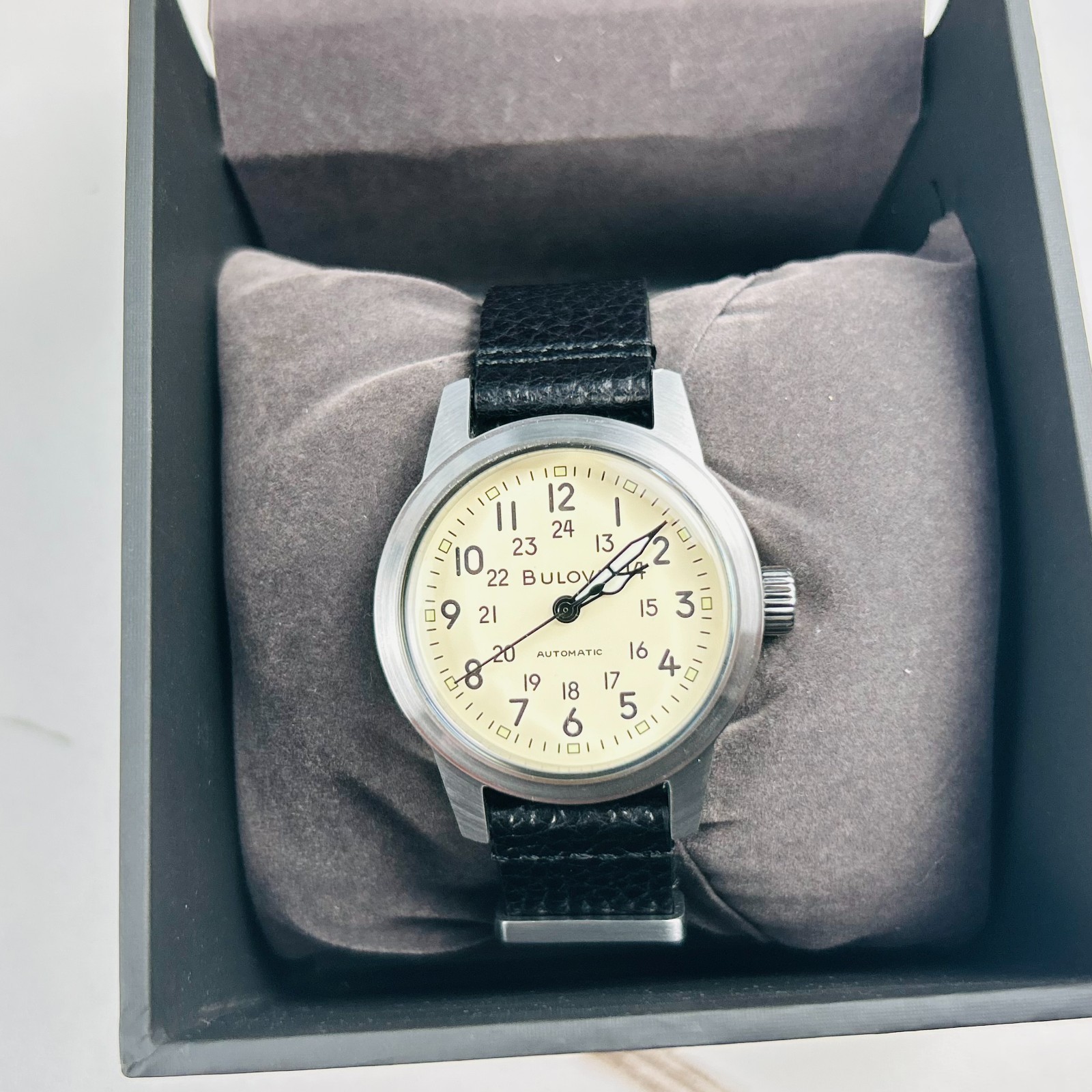 Bulova Men’s Classic Hack Watch 96A246 Ivory Dial Black Leather Automatic Watch