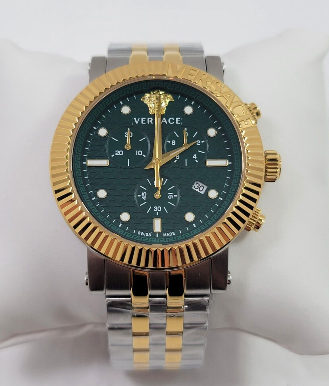 Versace V-Chrono Quartz Green Dial Two Tone Stainless Steel Mens Watch VESQ00722