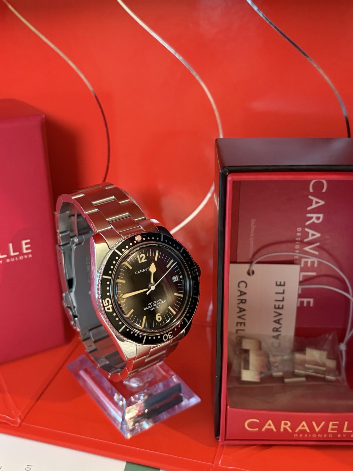 Caravelle Automatic Diver Date Black Dial 40mm Steel Bracelet 666ft Box Papers