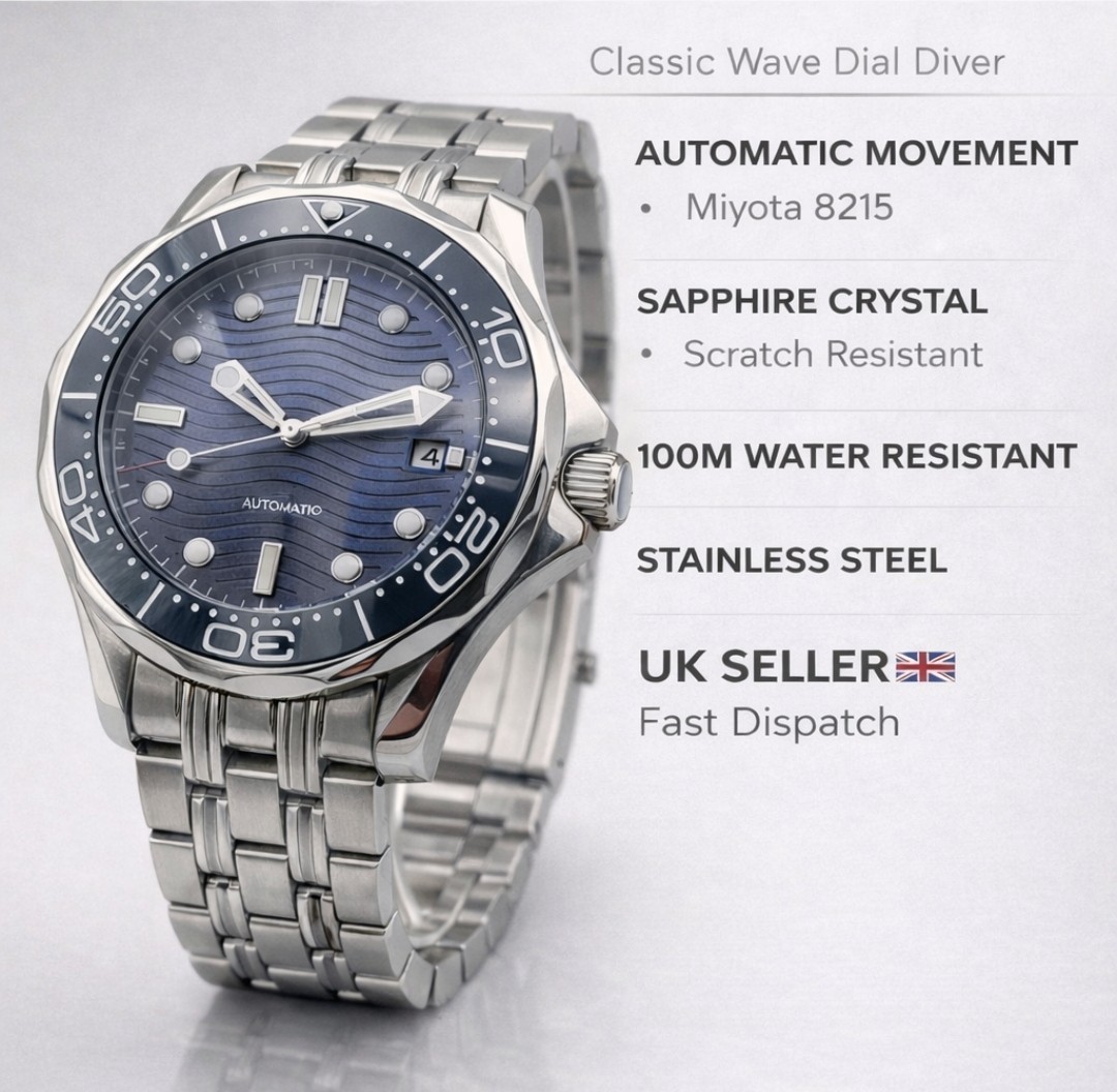 New Automatic Divers Watch BLUE Wave Ceramic Sapphire 100m Screw Crown