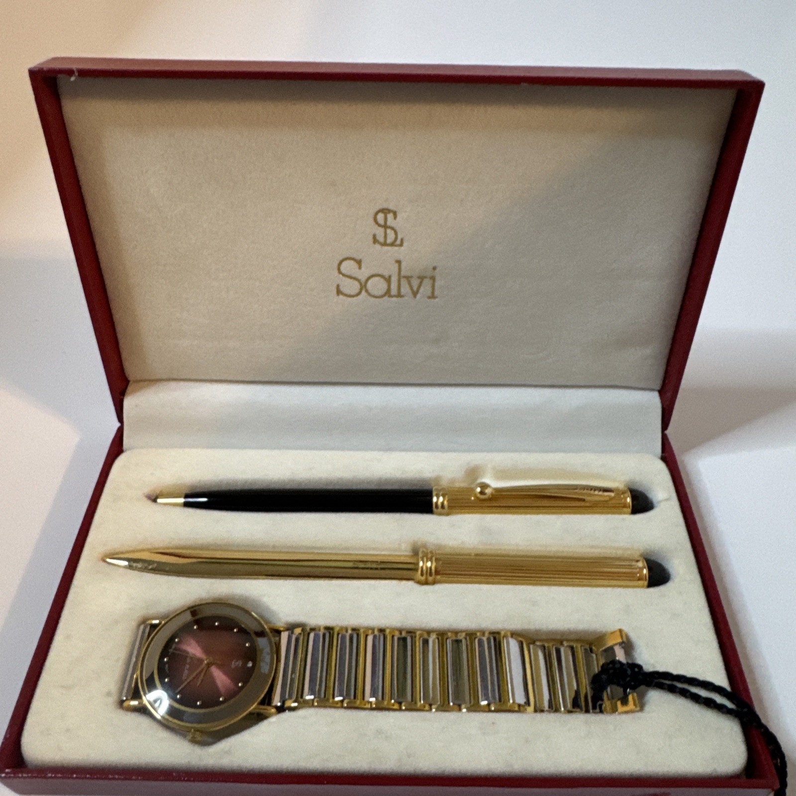 Salvi Unisex 18k Gold Plated Quartz Watch With letter Opener & Pen Gift Set VTG