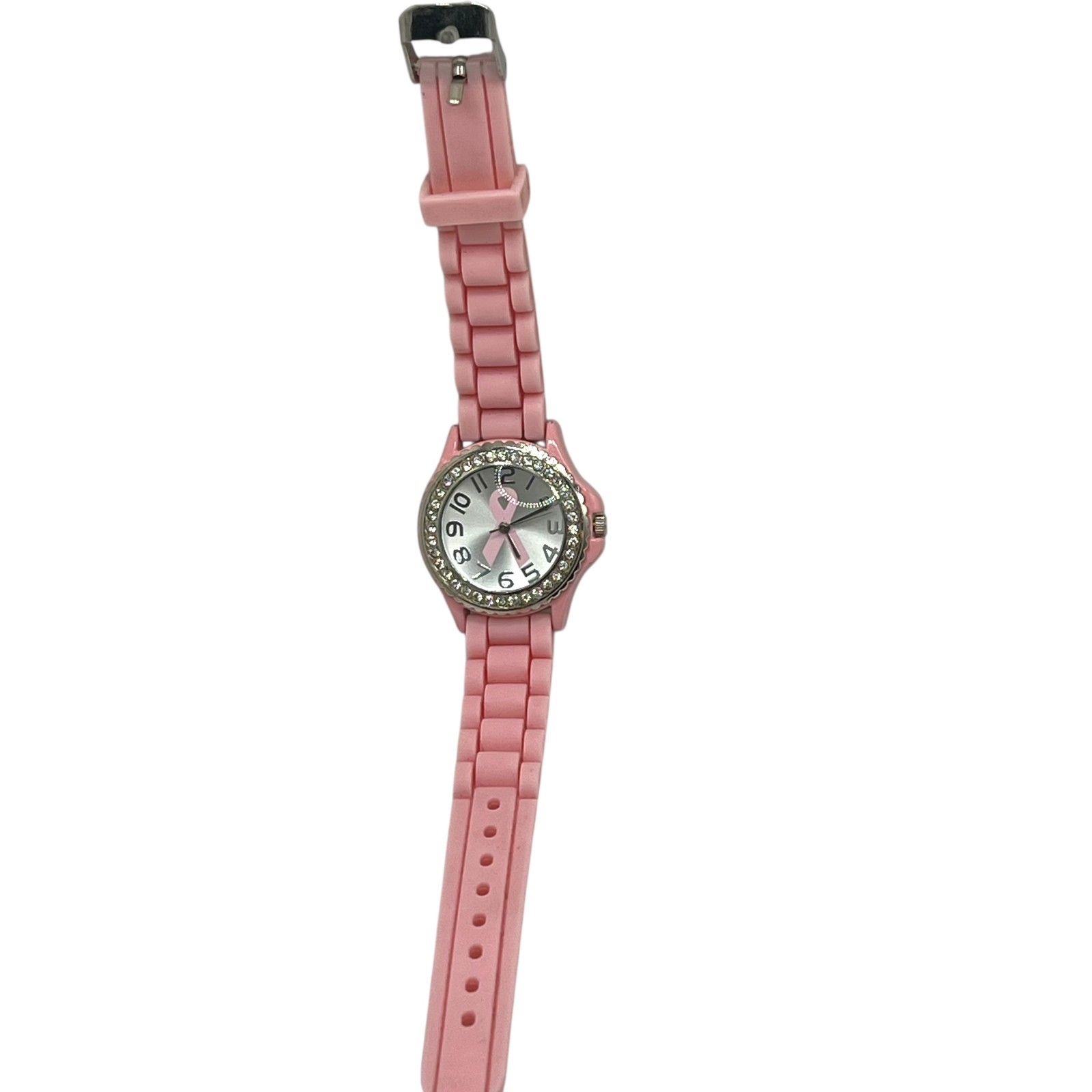 Geneva Breast Cancer Awareness Pink Ribbon Silver-Tone Rhinestone Analog Watch
