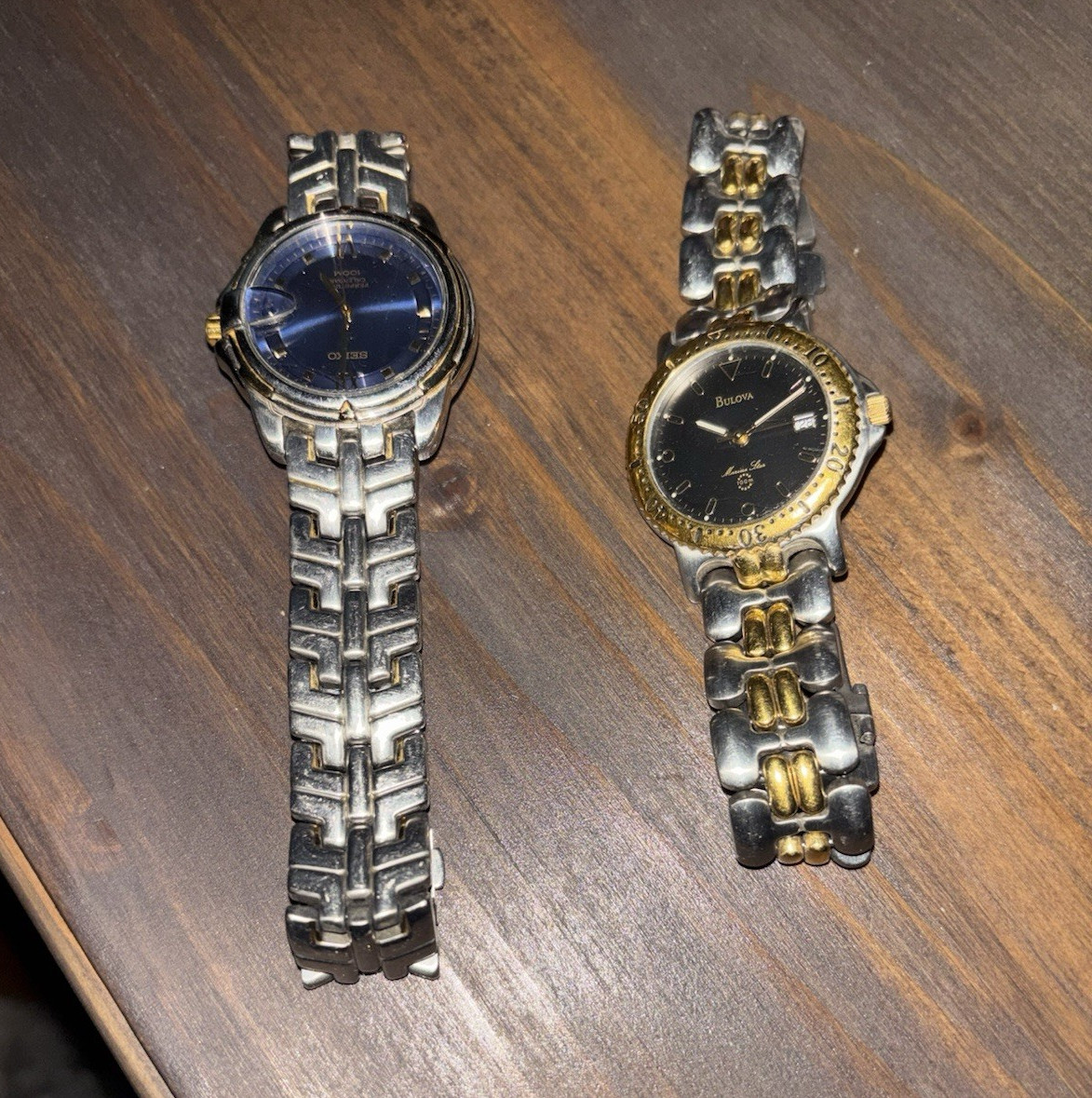 Bulova Marine Star Quartz Two-Tone Metal Bracelet Watch Black Dial 30m