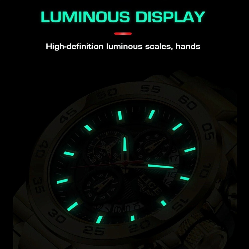 LIGE Men Watch Quartz Chronograph Date 50M Waterproof Sport Diver Man Wristwatch