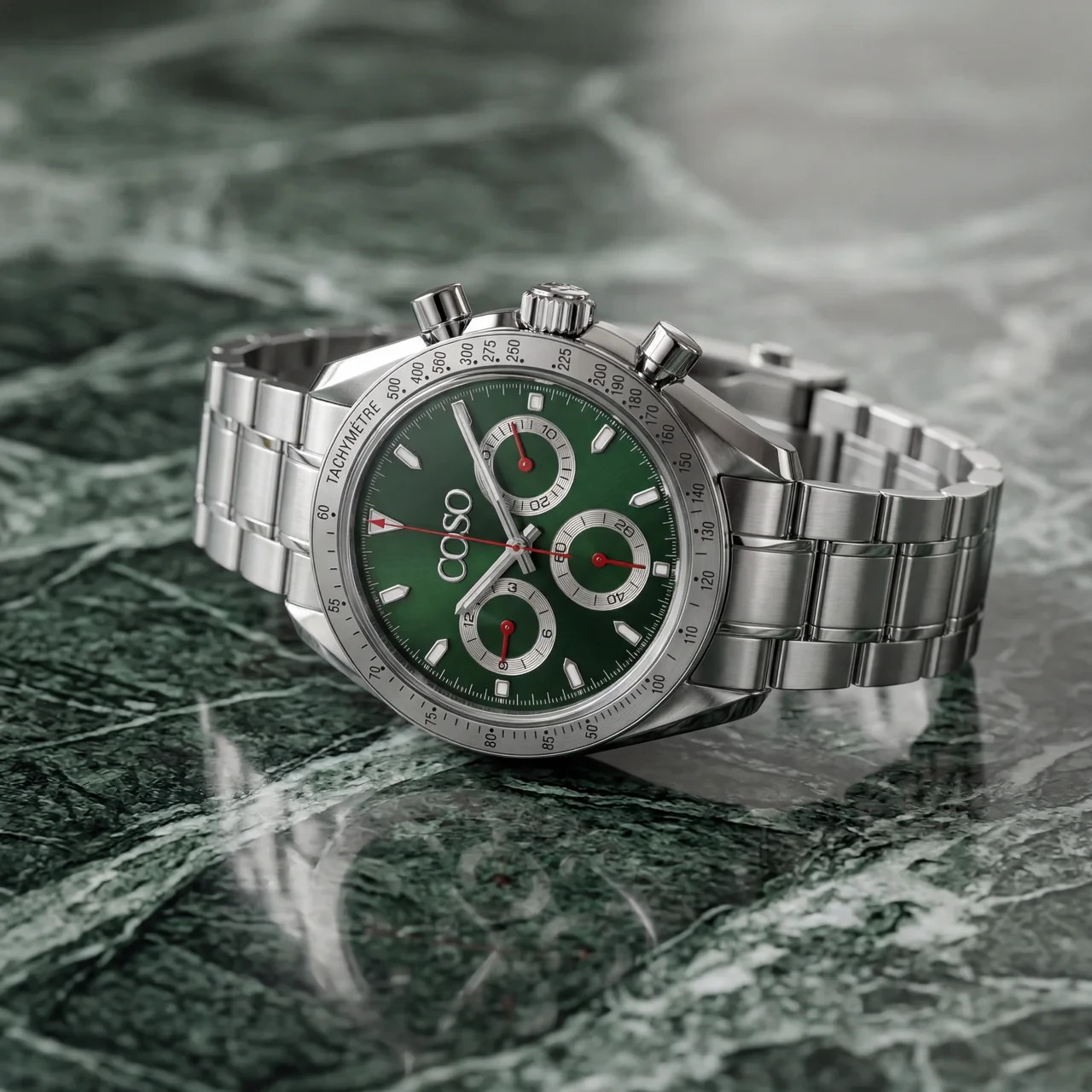 COSO Torvex Chronograph Watch Green Dial Red Accents Black Bezel Steel