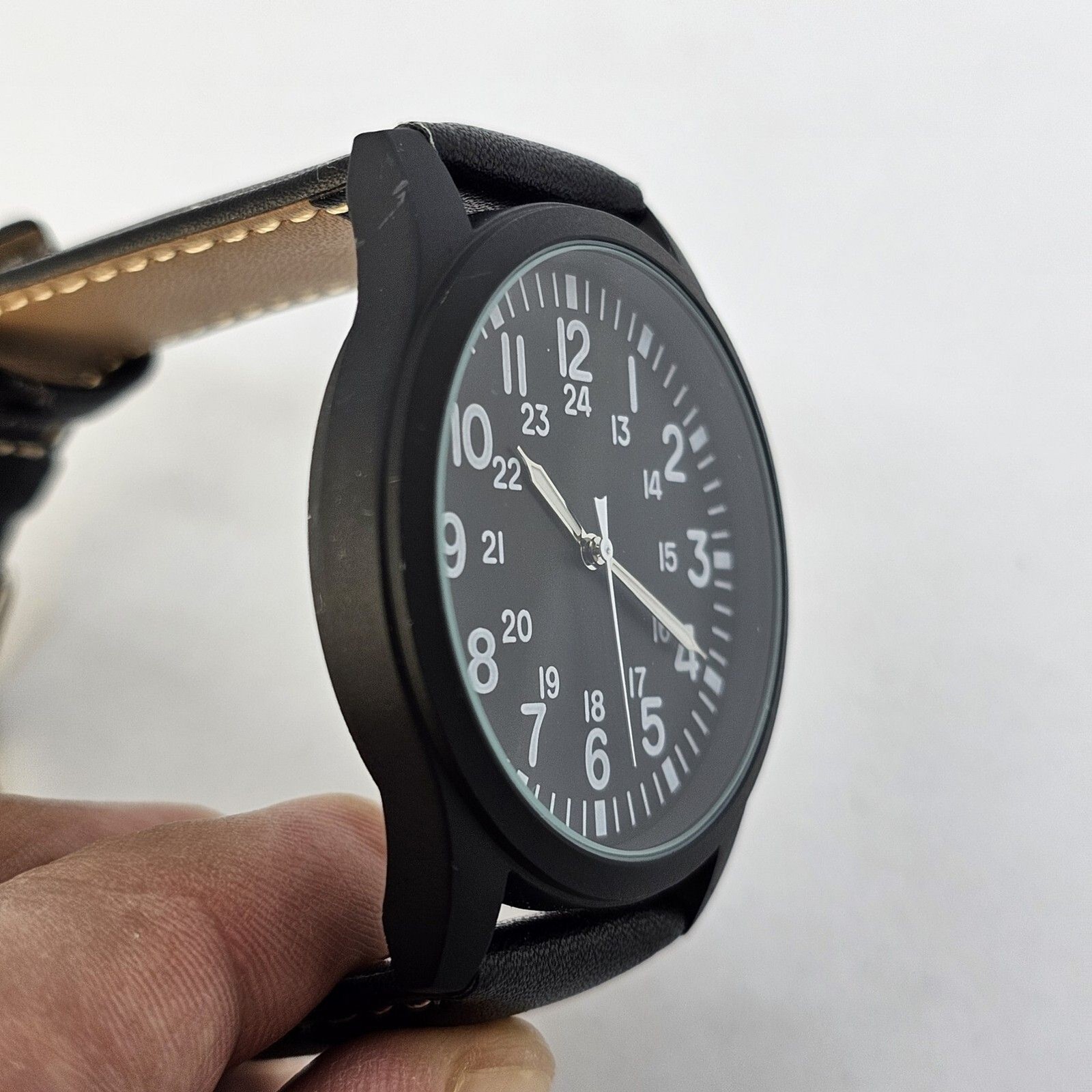 Men’s Field Watch 42MM Large Case Black Dial Black White Leather Band Straps