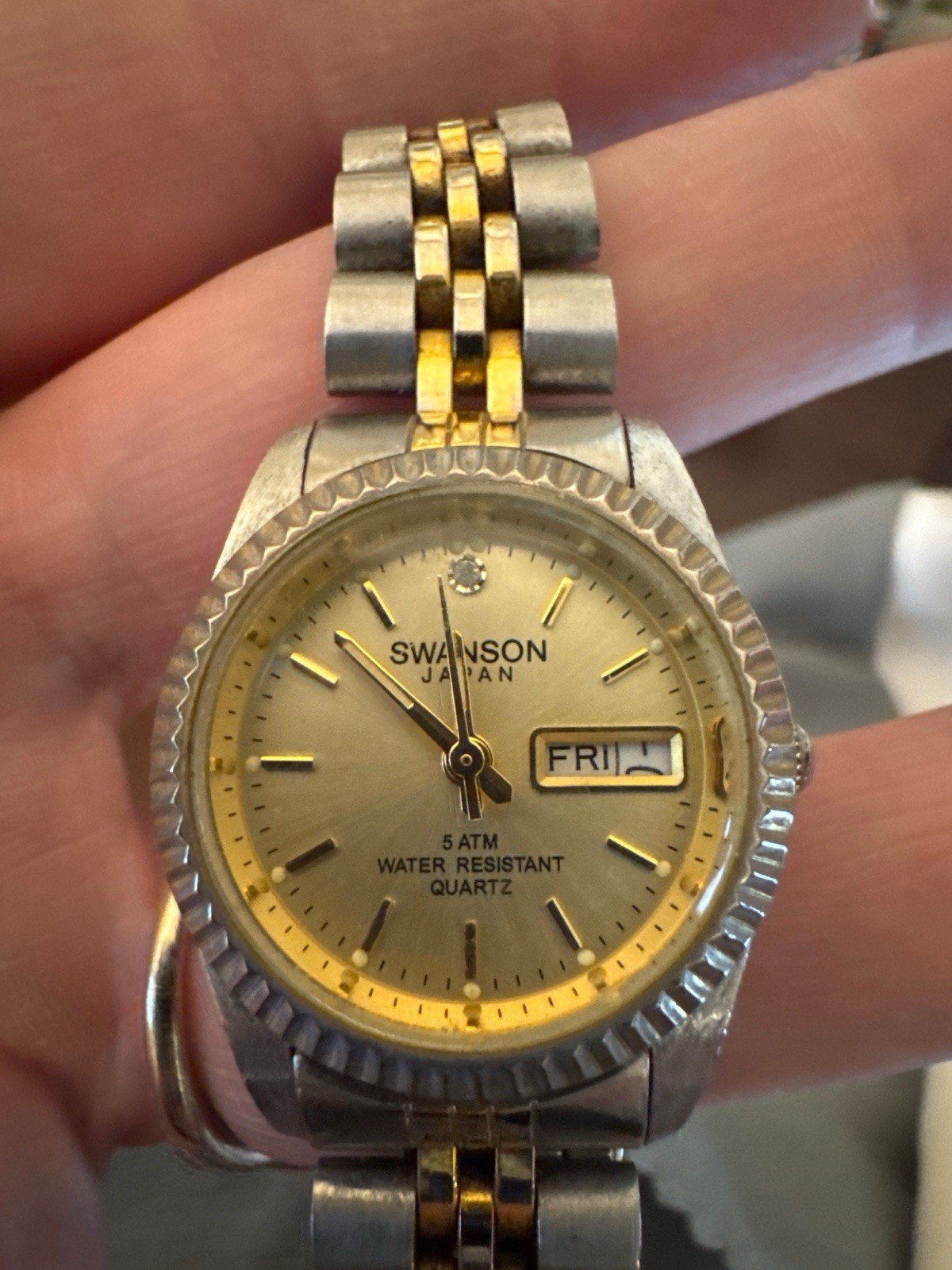 Swanson Quartz Analog Wristwatch Day/Date 50m 5 ATM Two-Tone Bracelet Women’s