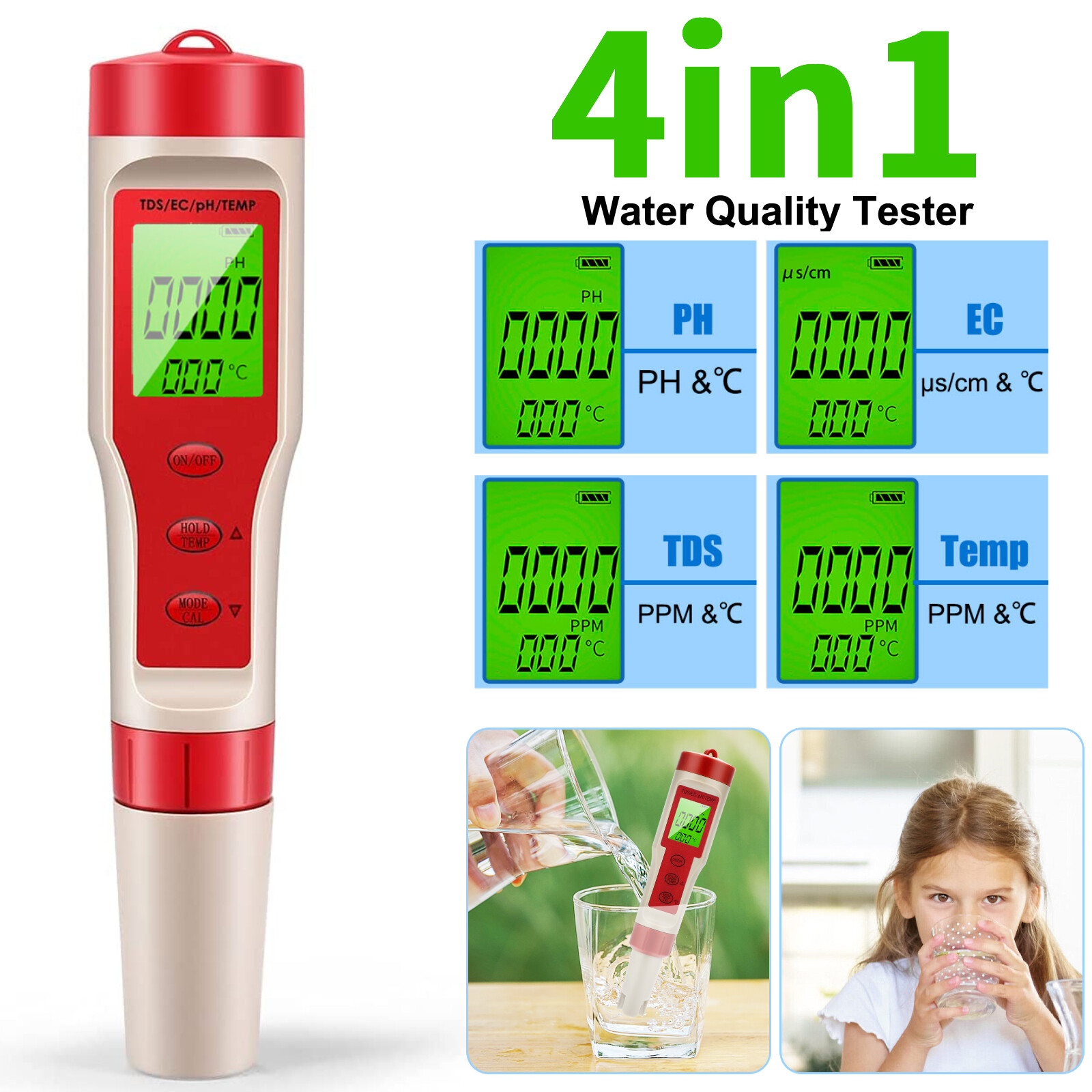 4 in 1 Digital PH EC Meter LCD Tester Pocket Hydroponics Aquarium Water Test Pen