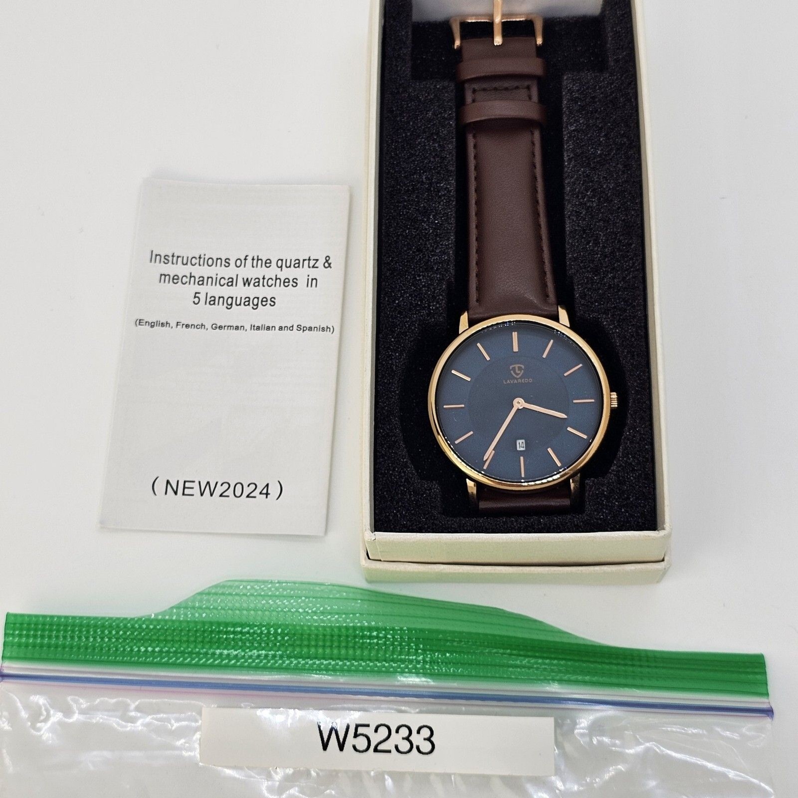 Men’s Watch 40MM Gold Case Blue Dial Brown Leather Band Straps Date Indicator