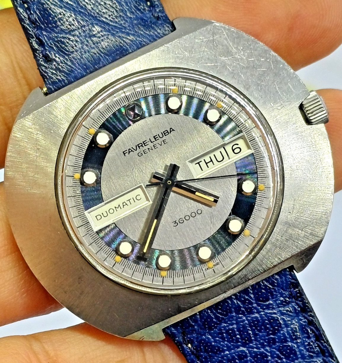 RARE FAVRE LEUBA 36000 HIGH BEAT UFO DUOMATIC MENS BLUE AUTOMATIC WATCH 45MM 21J