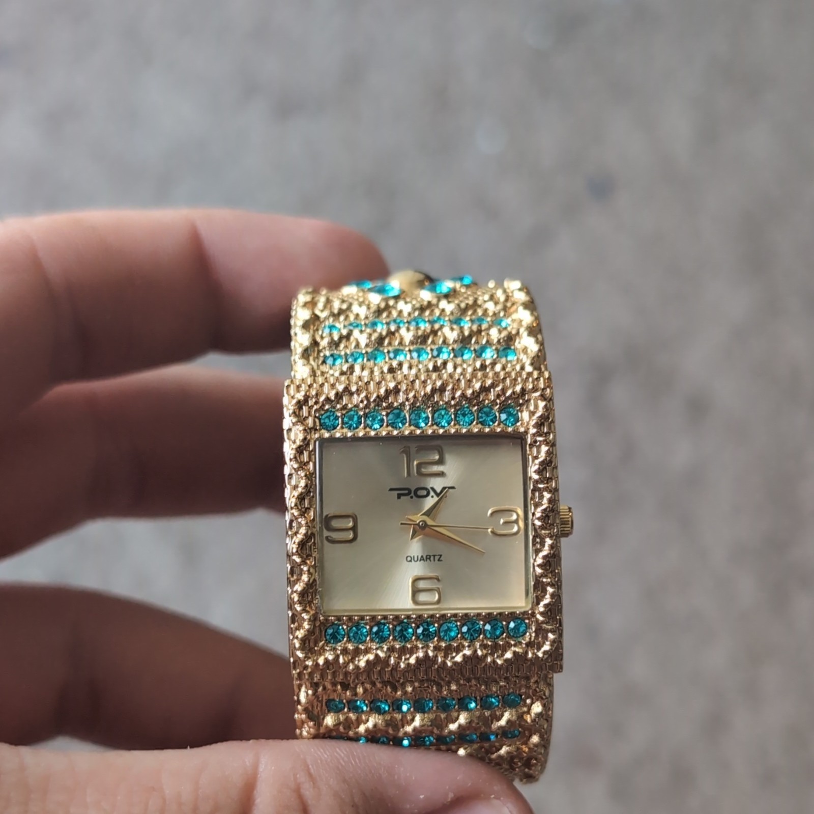P.O.V Women’s Quartz Analog Rectangle Gold Tone Bracelet Watch Blue Bezel
