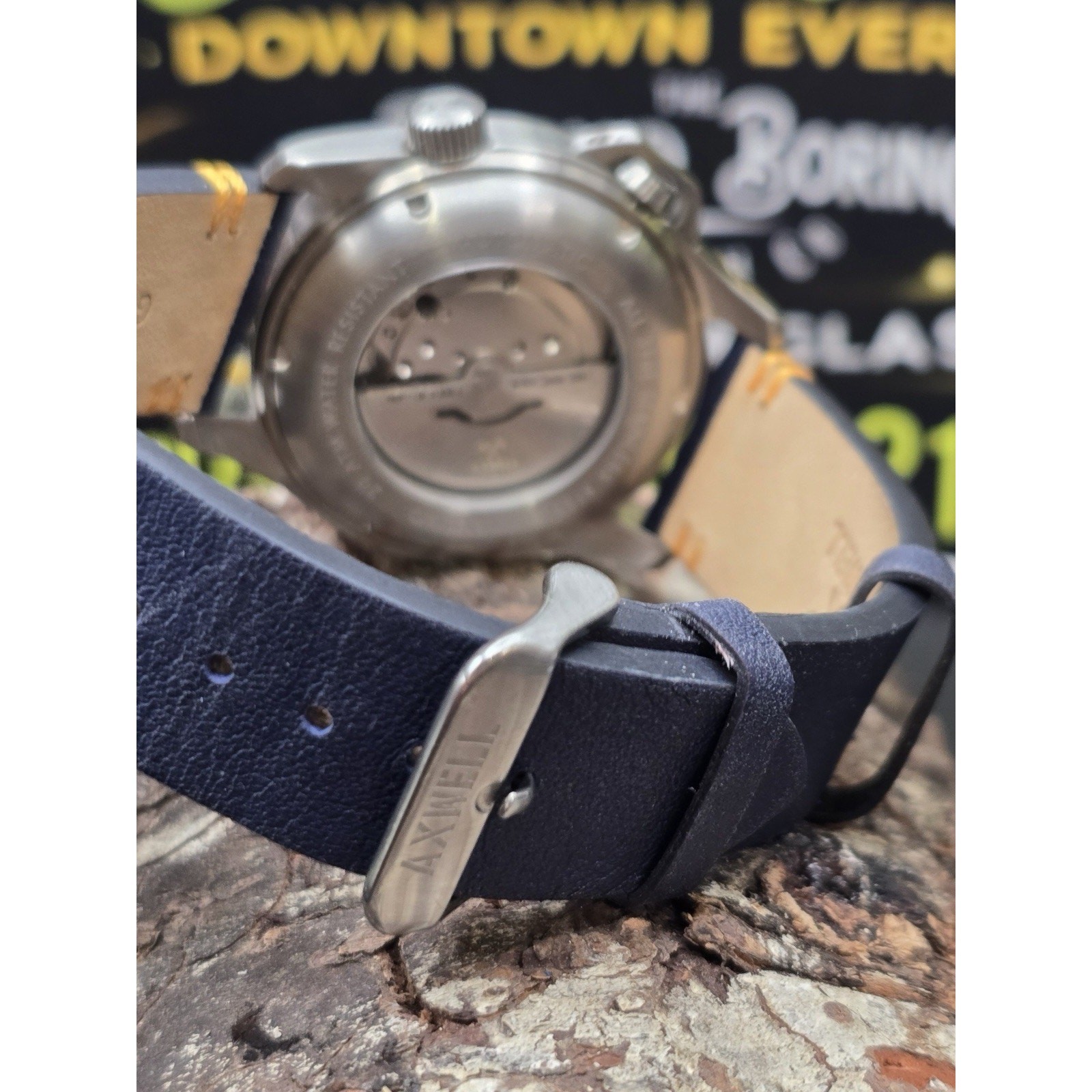 Axwell Vertigo Automatic Blue Dial Watch Black Compass Bezel Date Leather Strap