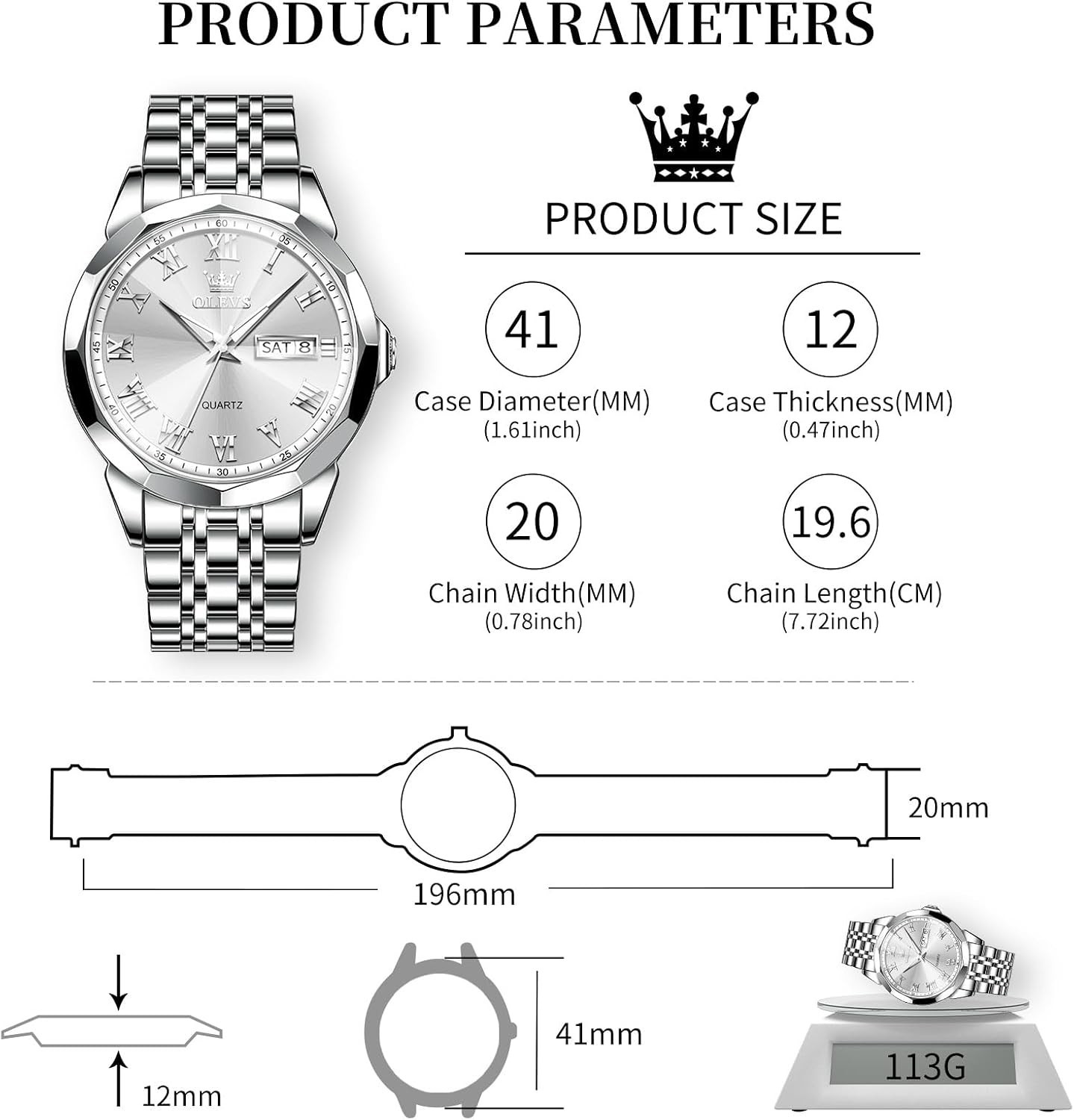 Stylish 41mm Men’s Watch: Waterproof Quartz with Roman Numerals & Classic Design
