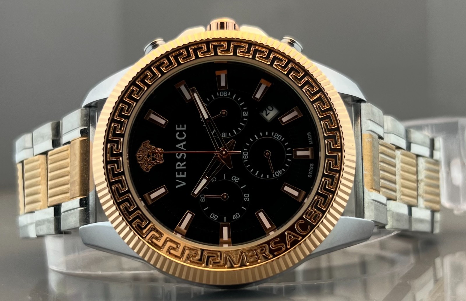 Vintage Men’s Versace Greca Action Chrono Quartz Black Dial Two-Tone Wristwatch