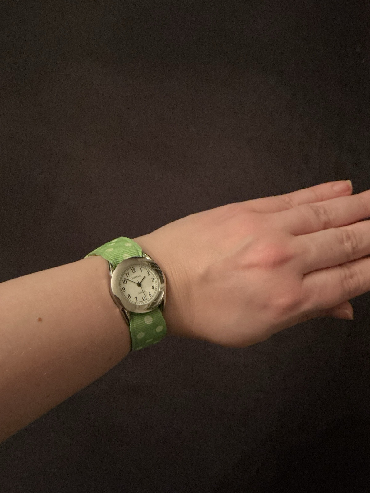 Geneva Silver Tone Vintage Watch Green And White Polka Dot Strap New Battery