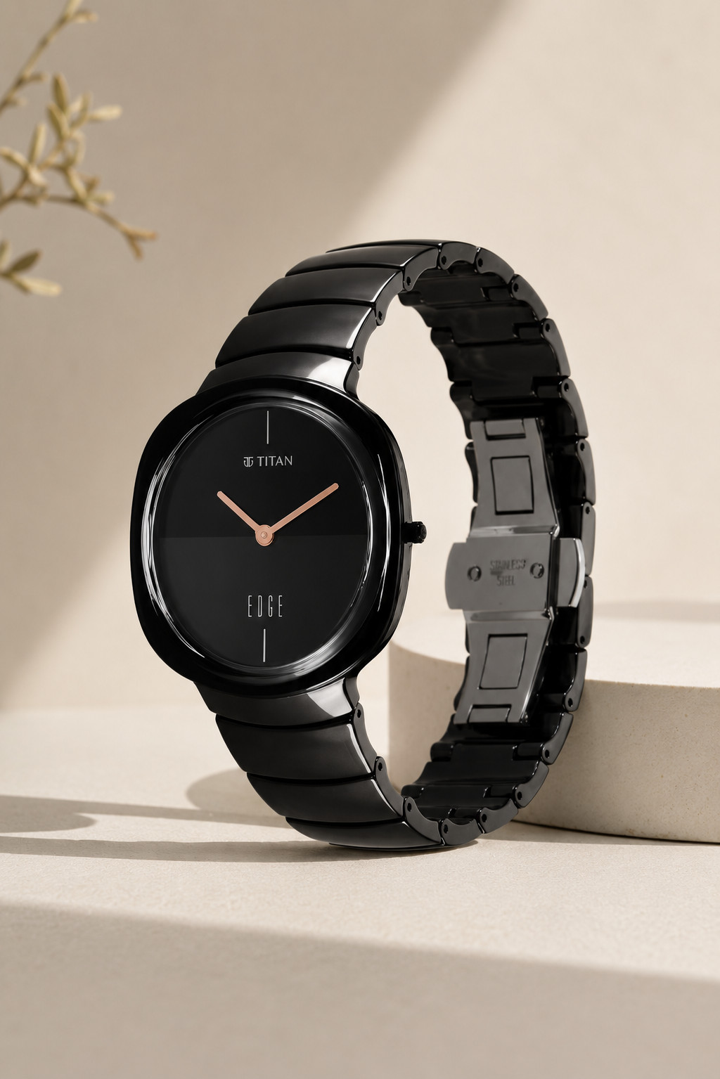 Titan Edge Squircle Unisex Analogue Quartz Watch – Black Dial with Black Ceramic