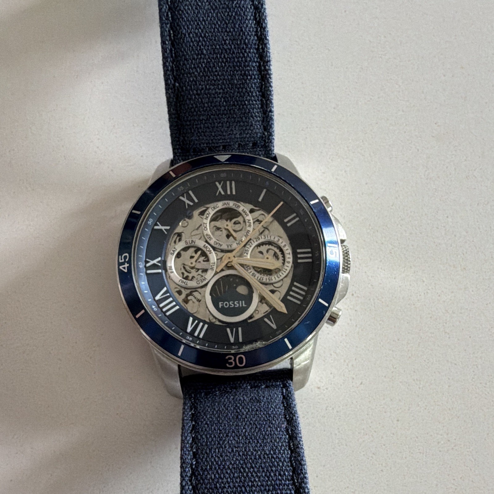 Fossil Men’s Automatic ME3140 Annual Calendar with Blue Cloth and Leather Strap