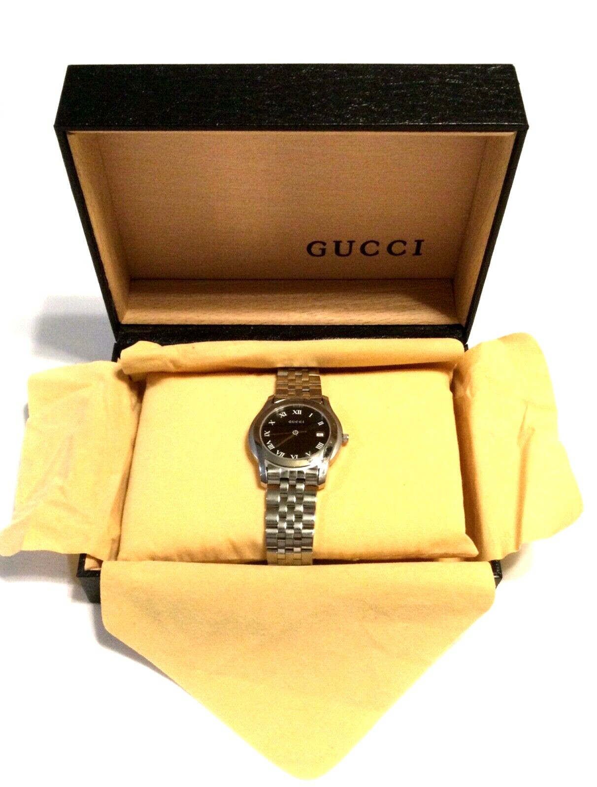 GUCCI 5500 SWISS MADE WATCH Small Black Dial Roman Numerals Stainless Case Band