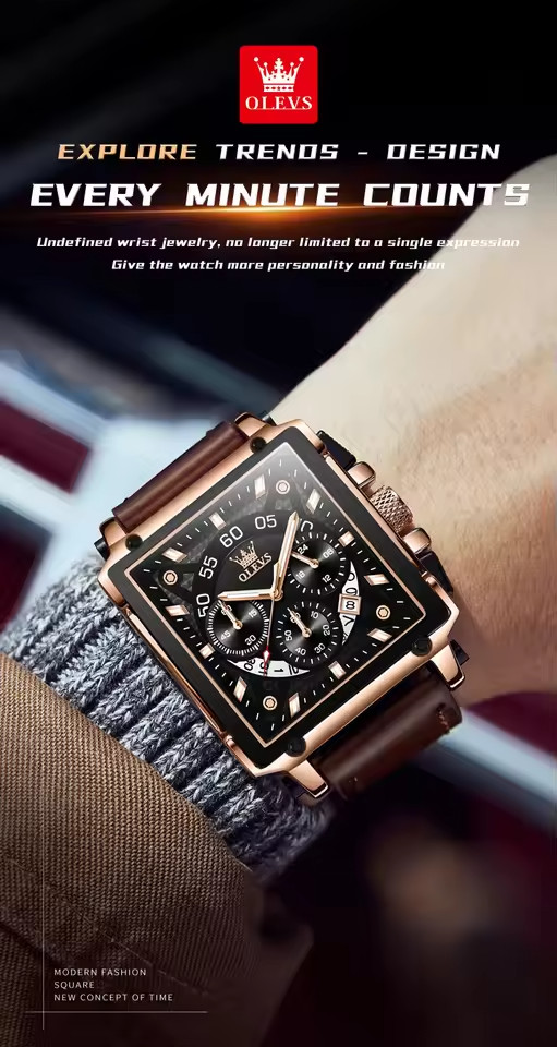 OLEVS 9919 Square Quartz Wristwatch  Waterproof Luminous Sports Men’s Watch