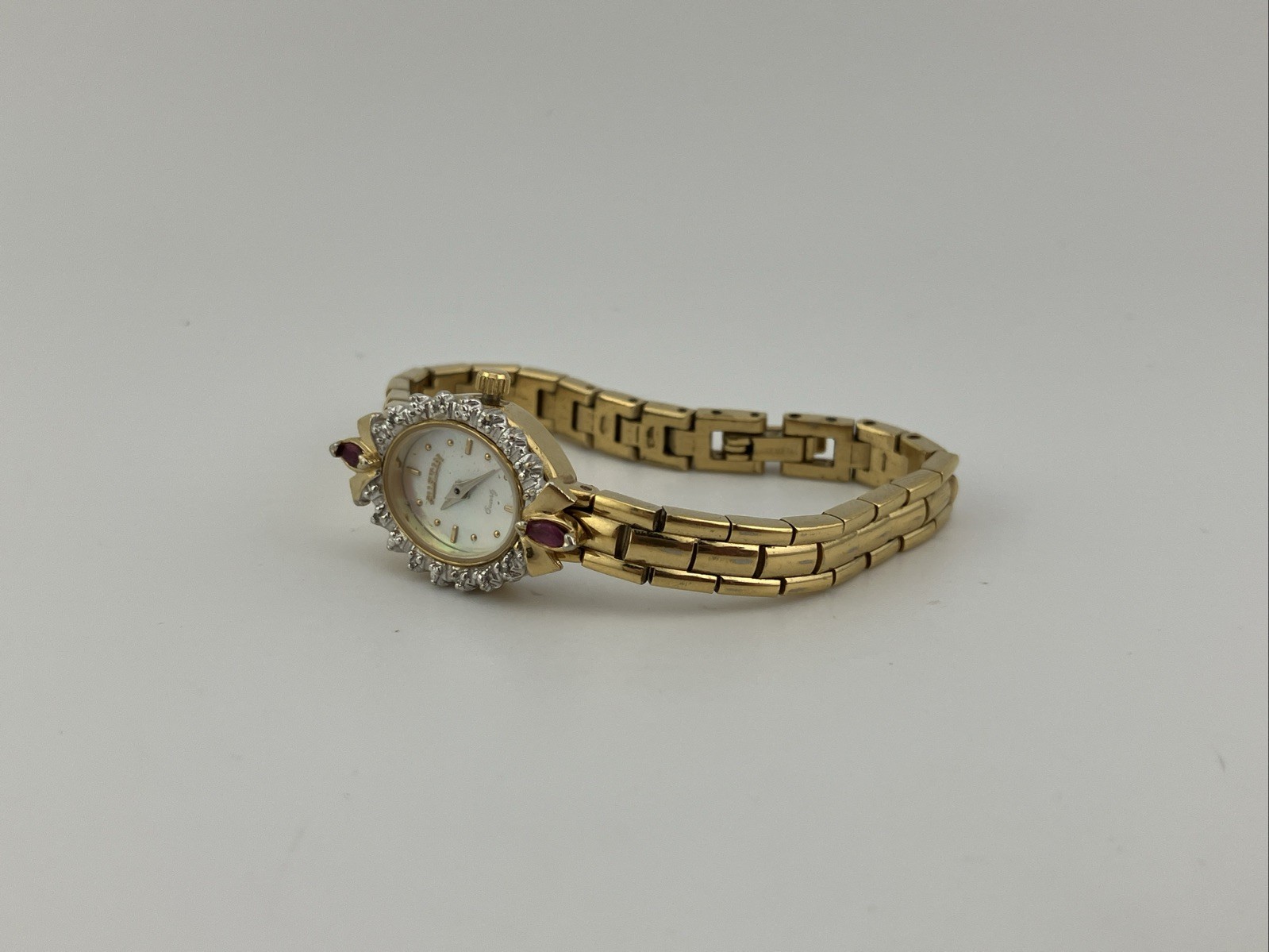 Vtg Austin Lades 17mm Watch Gold Tone Diamond & Ruby Bezel MOP Dial 5.75″ – RUNS