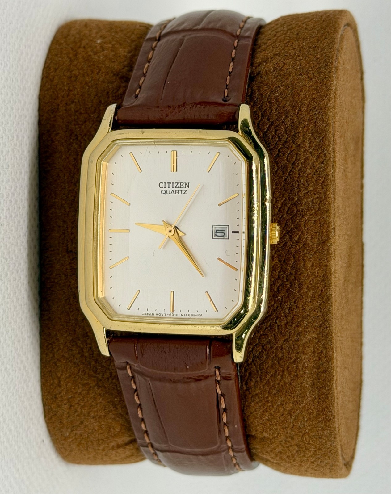 Vintage Citizen Quartz Tank Watch 6010-N14618-KA Gold Tone Date Mens Unisex