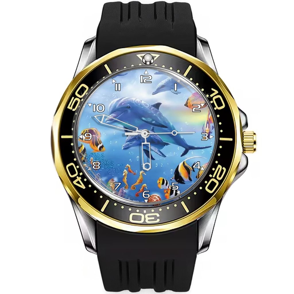 Dolphin Underwater World Diver Sporty Style Silicone Black Strap Wrist Watch
