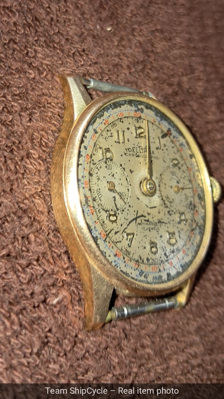 DelBana Chrono Mens Watch c1930s 18K Gold OffWhite Dial CLEAN AS IS G2U