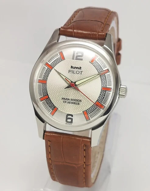 HMT Pilot Pearl Dial 17 Jewels Mechanical Handwinding Skeleton Back Wrist Watch